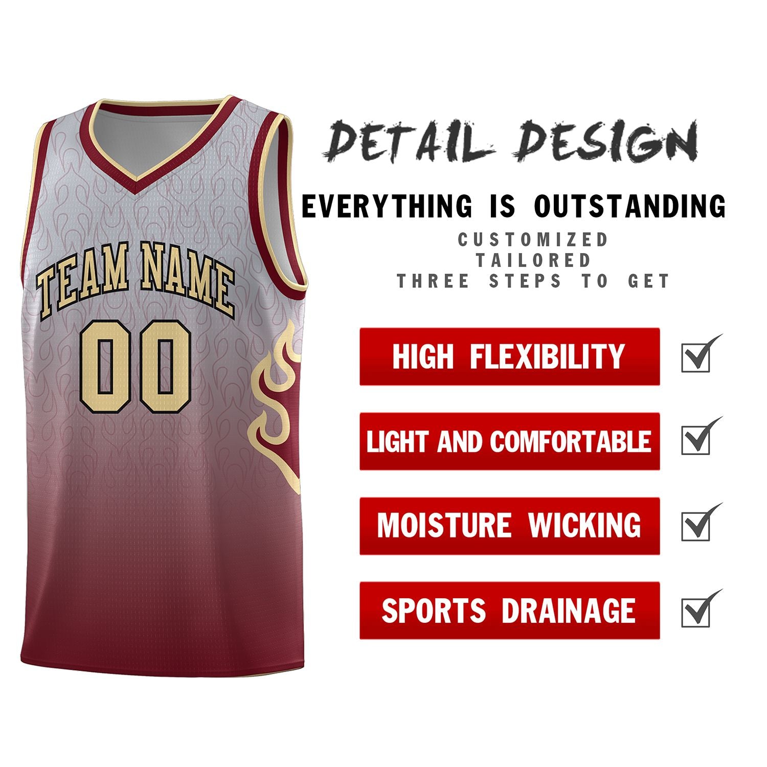 Custom Gray Crimson-Khaki Flame Gradient Fashion Sports Uniform Basketball Jersey