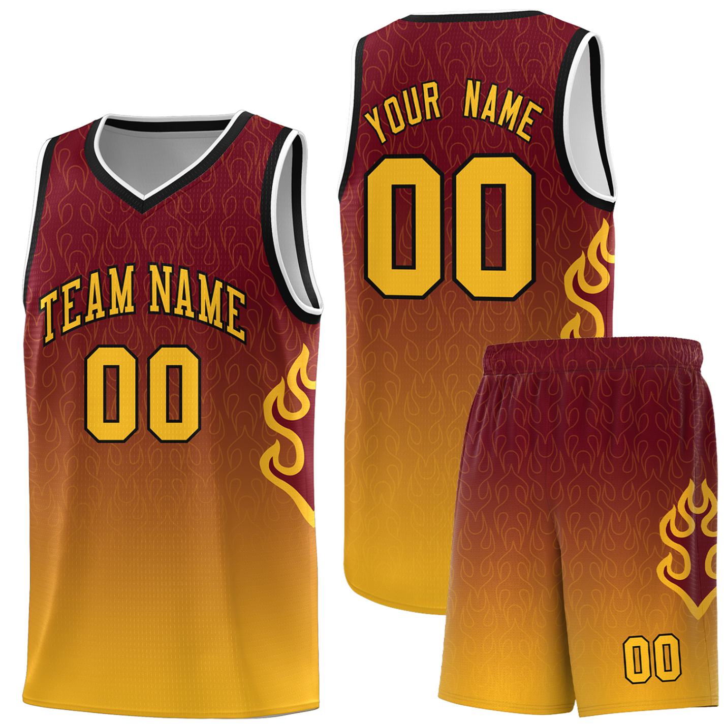 Custom Crimson Yellow-Black Flame Gradient Fashion Sports Uniform Basketball Jersey