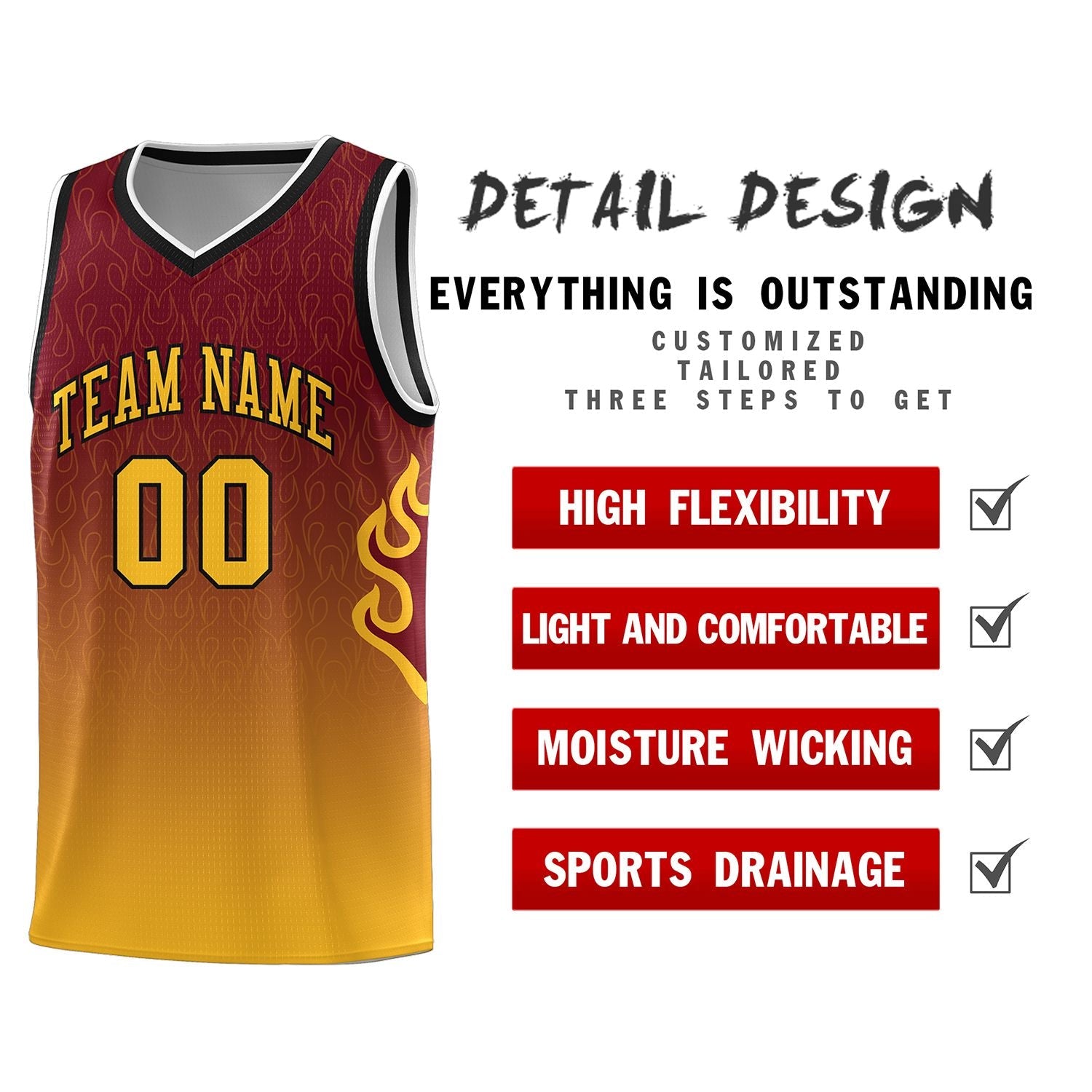 Custom Crimson Yellow-Black Flame Gradient Fashion Sports Uniform Basketball Jersey