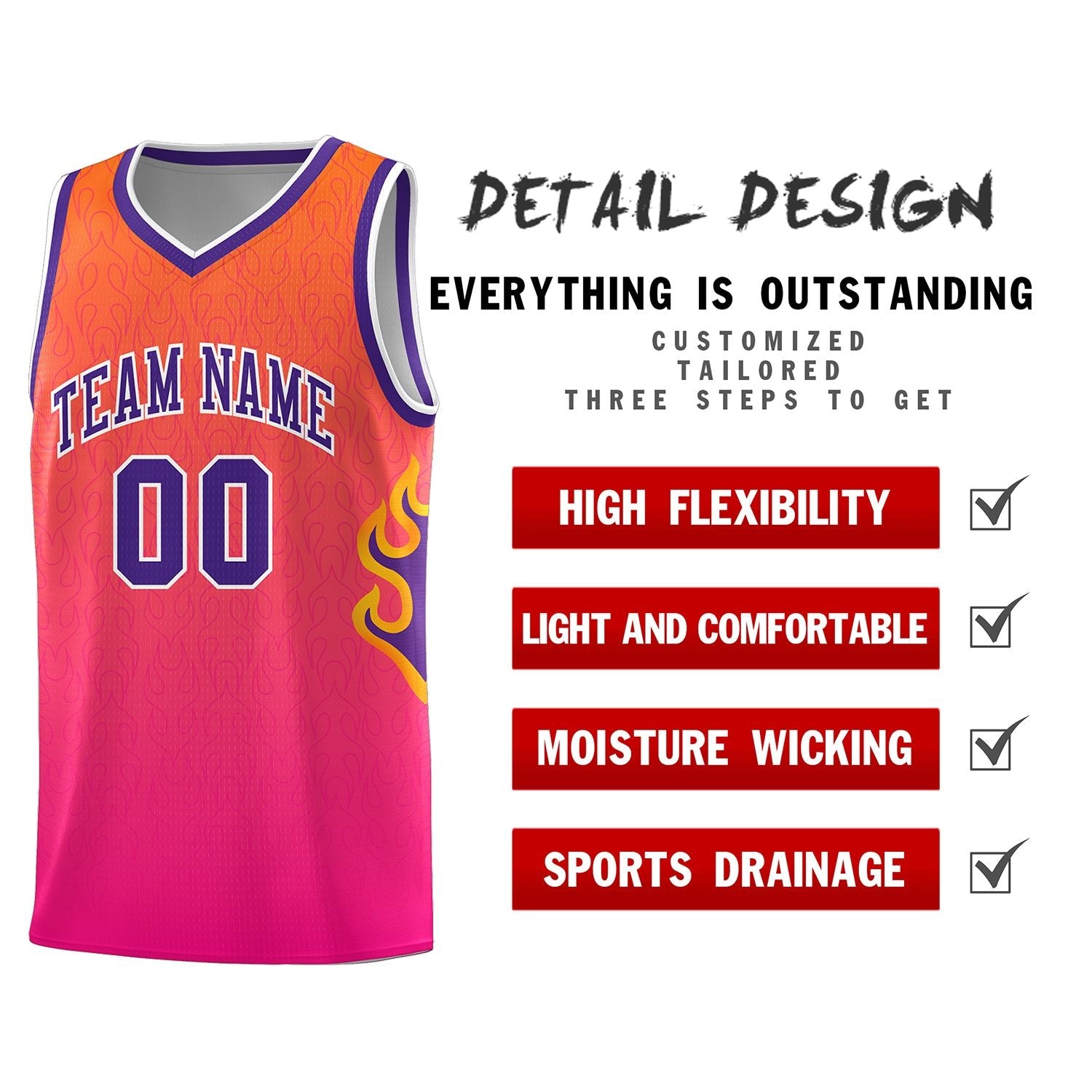 Custom Orange Pink-Purple Flame Gradient Fashion Sports Uniform Basketball Jersey