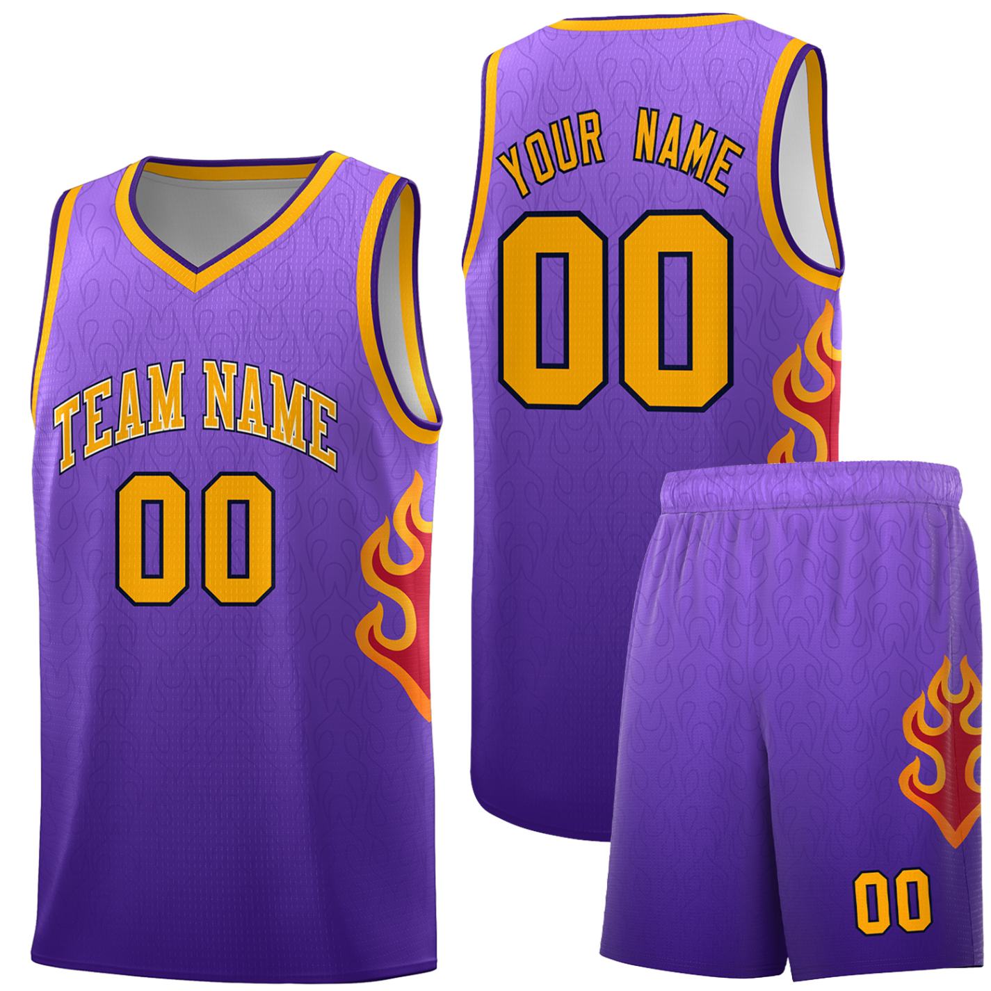 Custom Purple Yellow Flame Gradient Fashion Sports Uniform Basketball Jersey