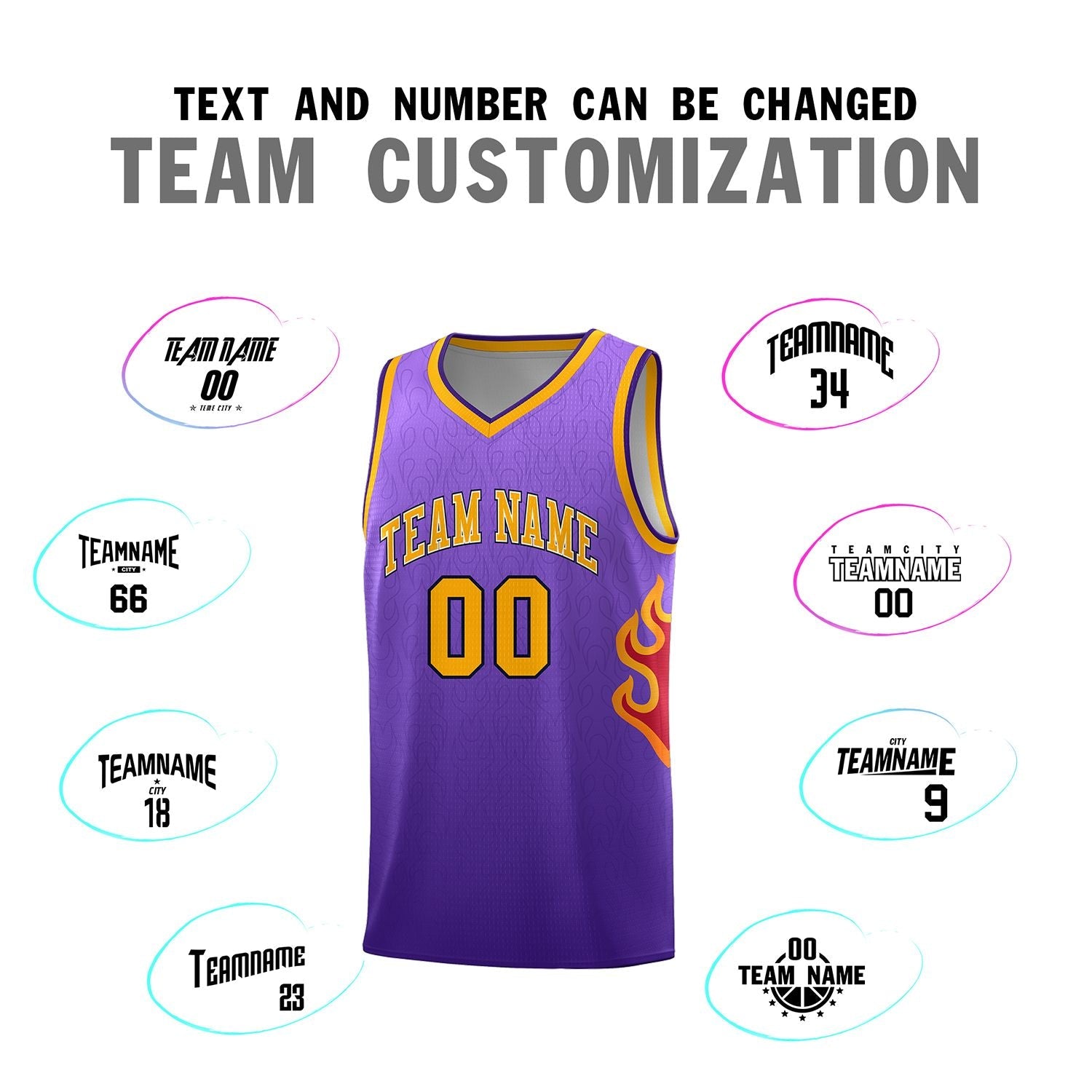 Custom Purple Yellow Flame Gradient Fashion Sports Uniform Basketball Jersey