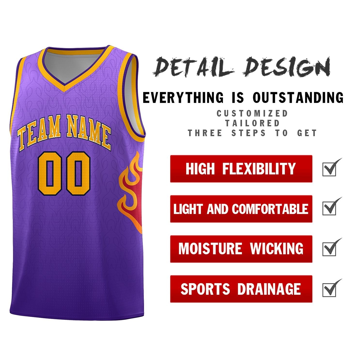 Custom Purple Yellow Flame Gradient Fashion Sports Uniform Basketball Jersey