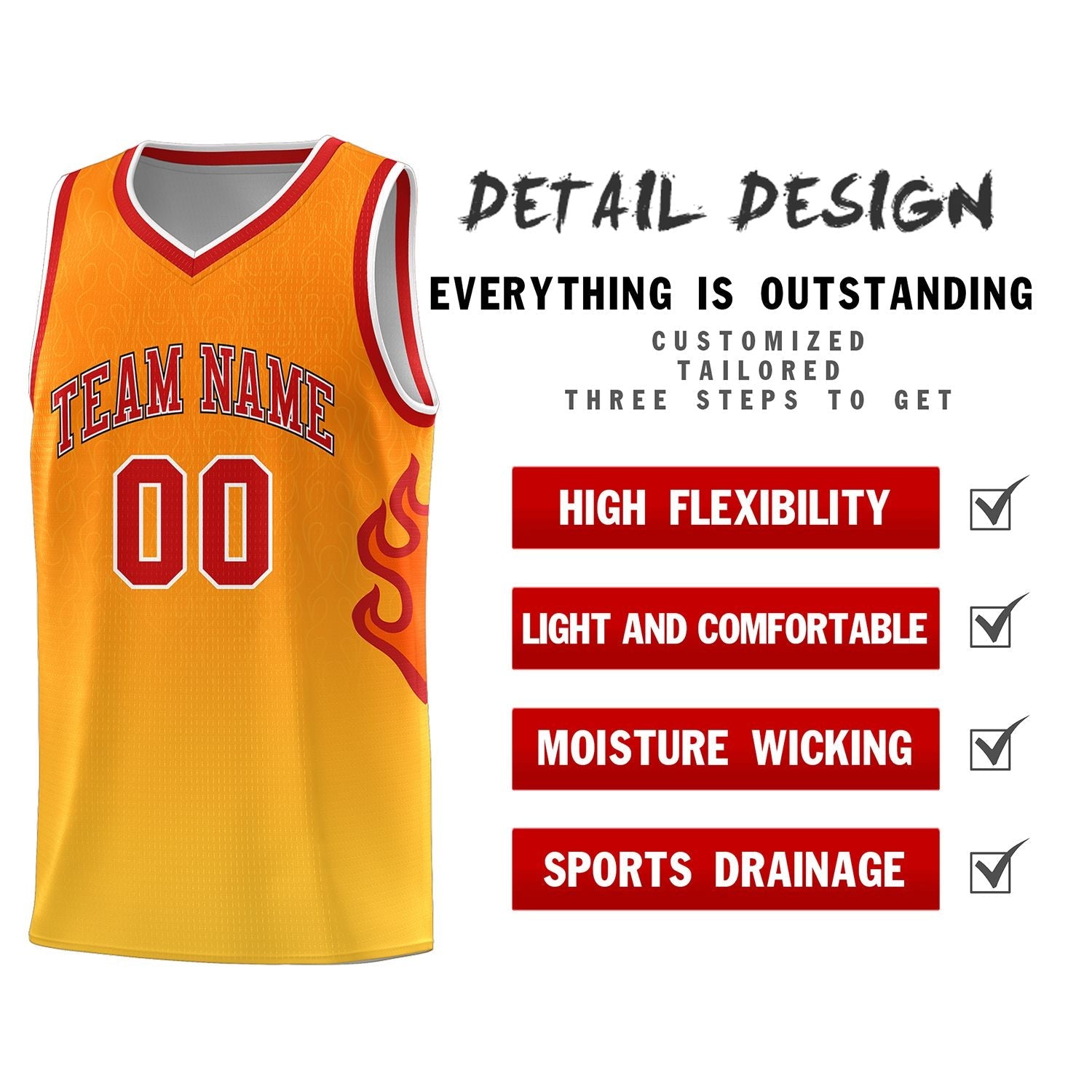 Custom Orange Gold-Red Flame Gradient Fashion Sports Uniform Basketball Jersey