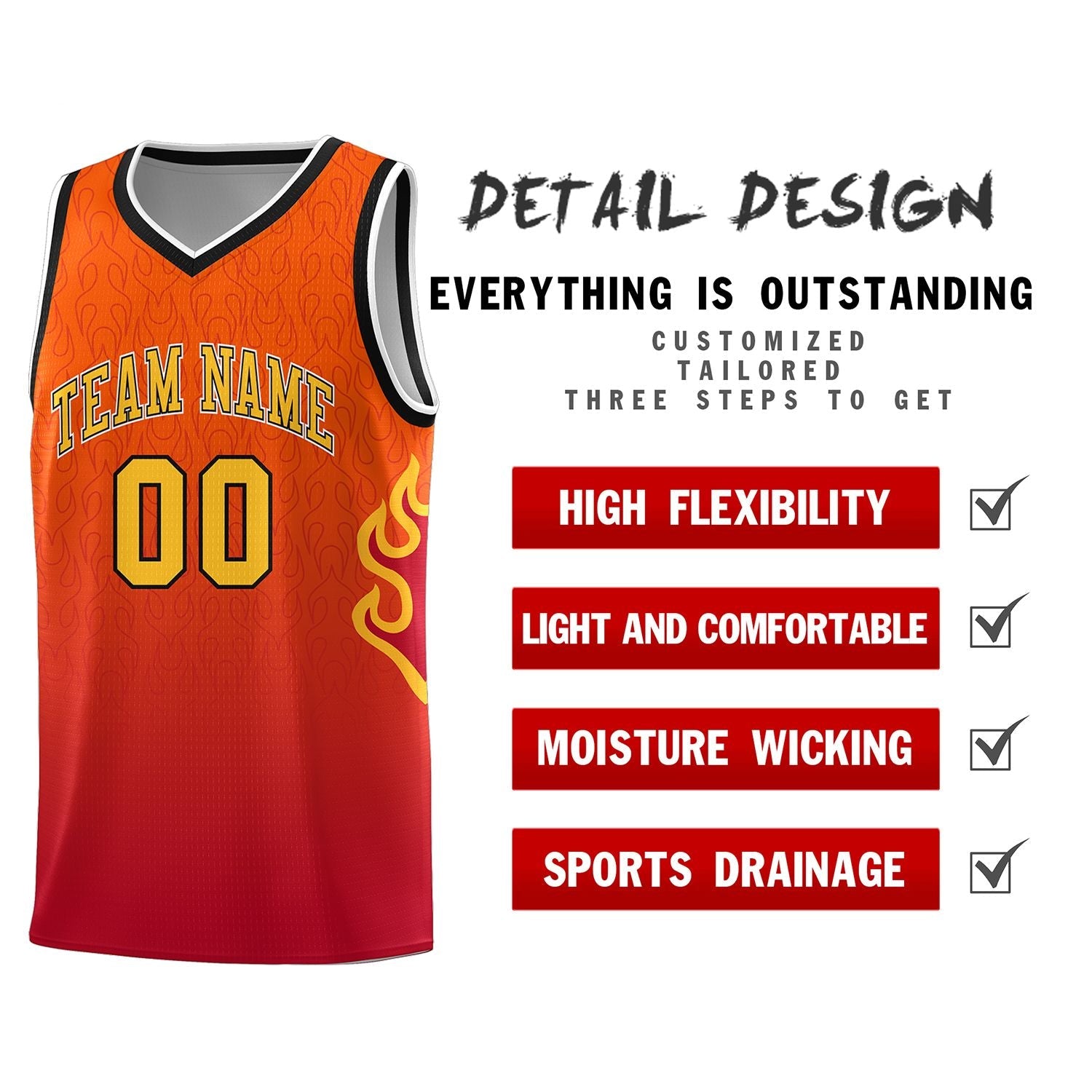 Custom Orange Red-Gold Flame Gradient Fashion Sports Uniform Basketball Jersey