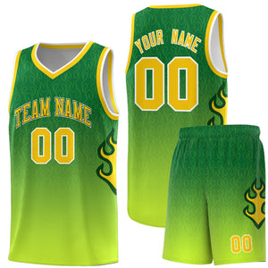 Custom Kelly Green-Neon Green-Gold Flame Gradient Fashion Sports Uniform Basketball Jersey