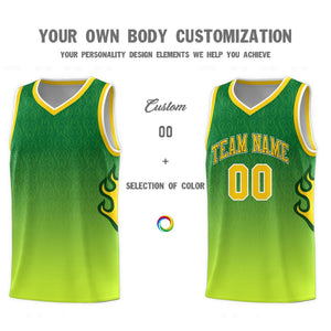 Custom Kelly Green-Neon Green-Gold Flame Gradient Fashion Sports Uniform Basketball Jersey