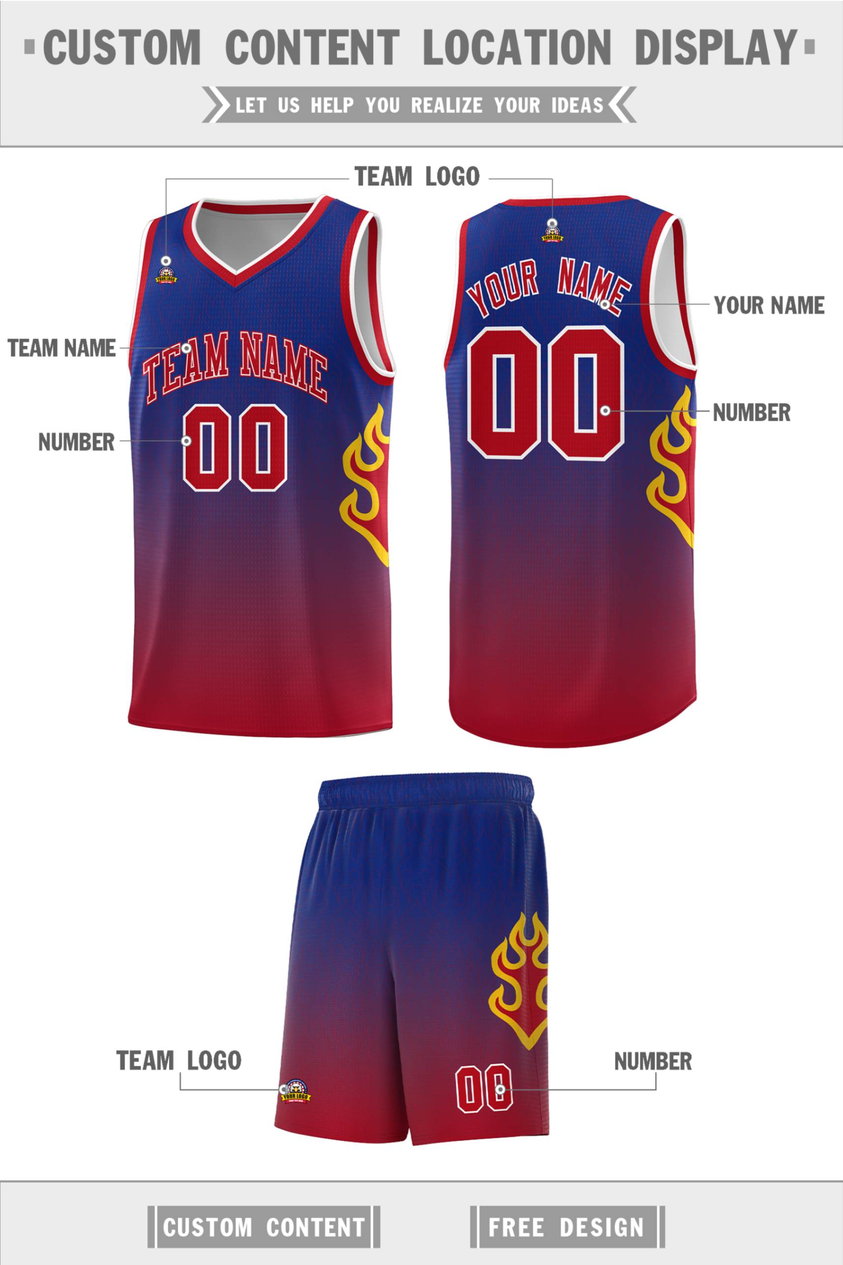 Custom Royal Red-White Flame Gradient Fashion Sports Uniform Basketball Jersey