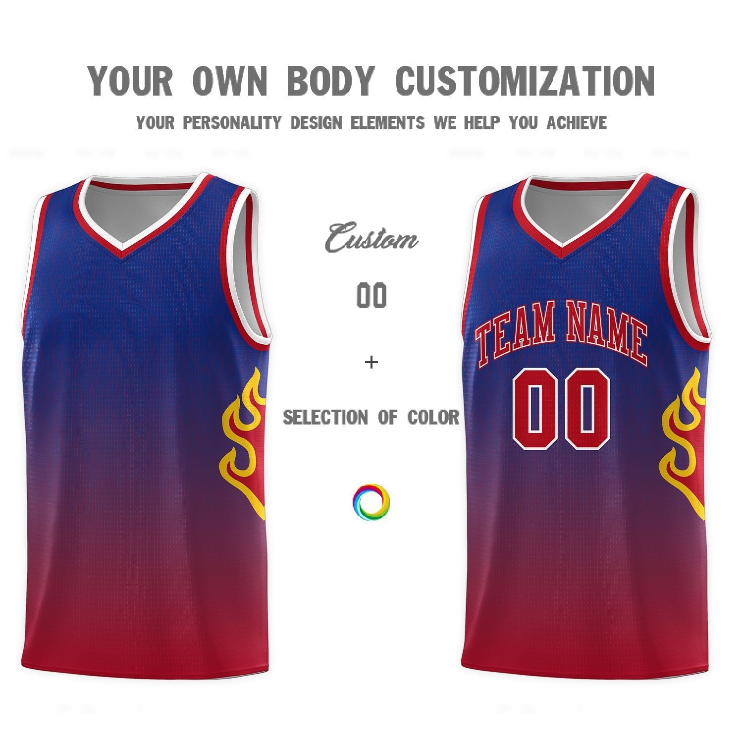 Custom Royal Red-White Flame Gradient Fashion Sports Uniform Basketball Jersey