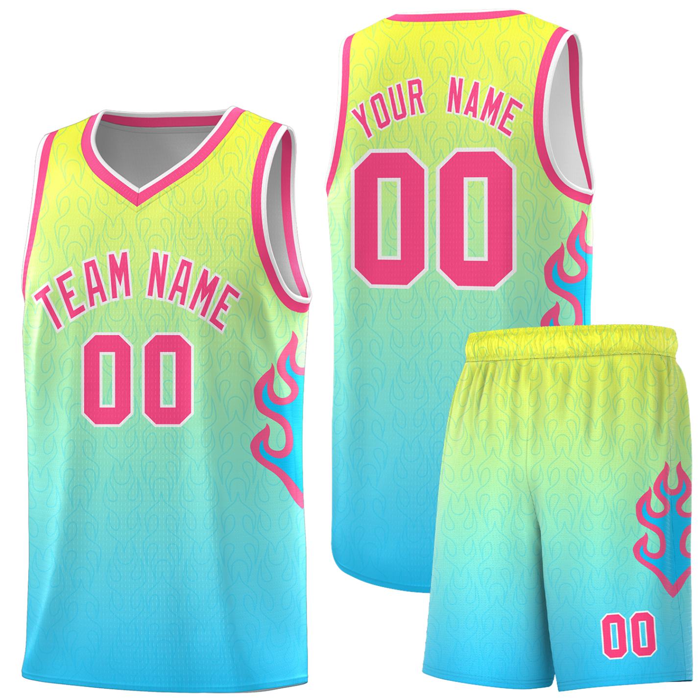 Custom Gold Light Blue-Pink Flame Gradient Fashion Sports Uniform Basketball Jersey