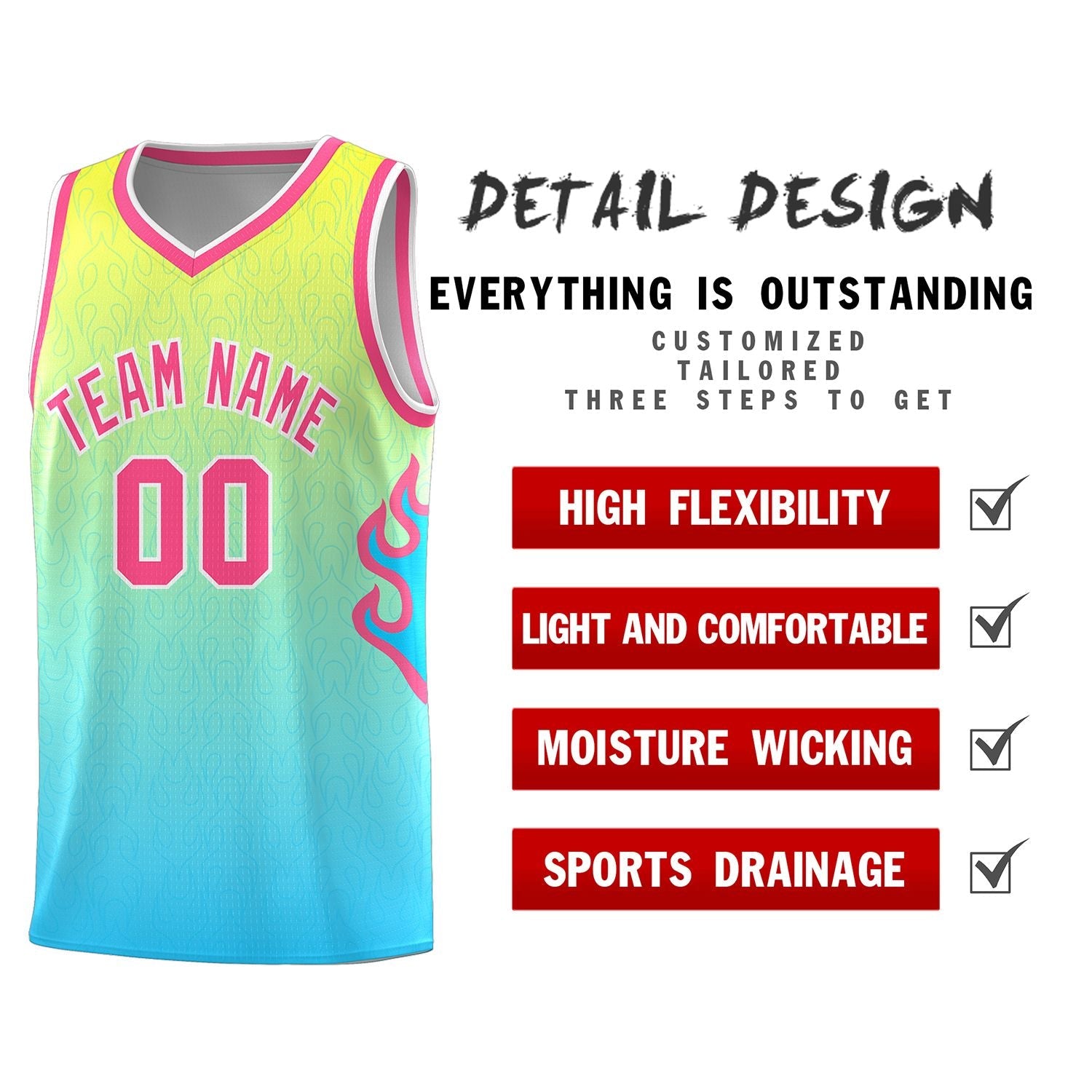 Custom Gold Light Blue-Pink Flame Gradient Fashion Sports Uniform Basketball Jersey