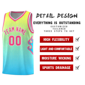 Custom Gold Light Blue-Pink Flame Gradient Fashion Sports Uniform Basketball Jersey