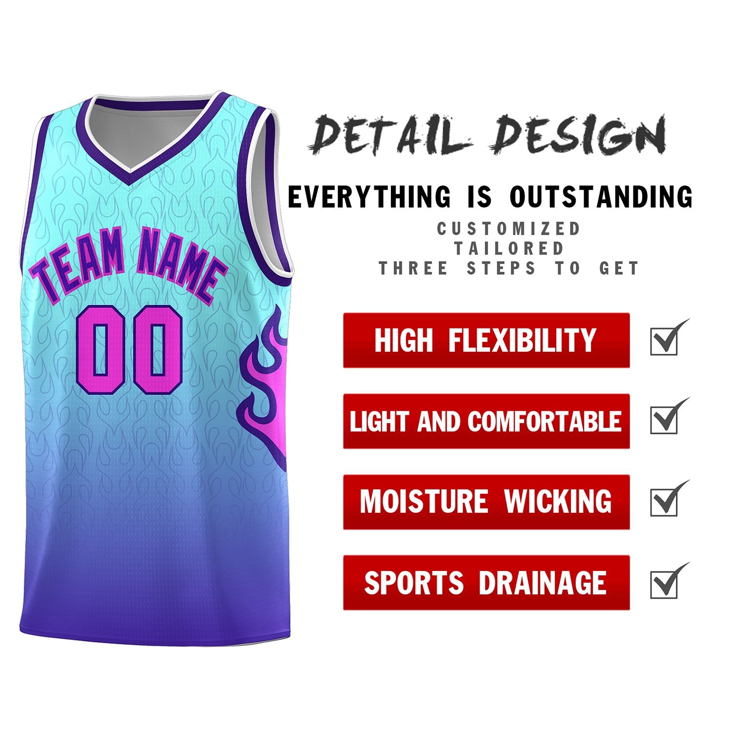 Custom Light Blue Purple-White Flame Gradient Fashion Sports Uniform Basketball Jersey