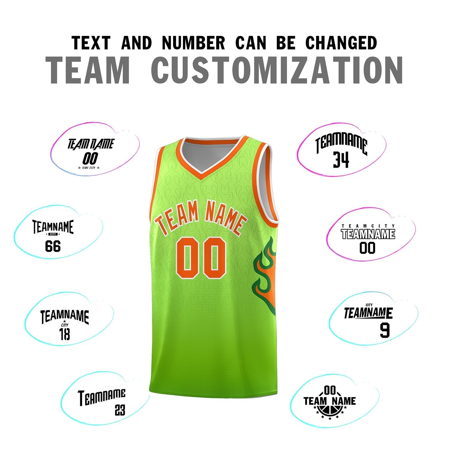 Custom Green Neon Green-Orange Flame Gradient Fashion Sports Uniform Basketball Jersey