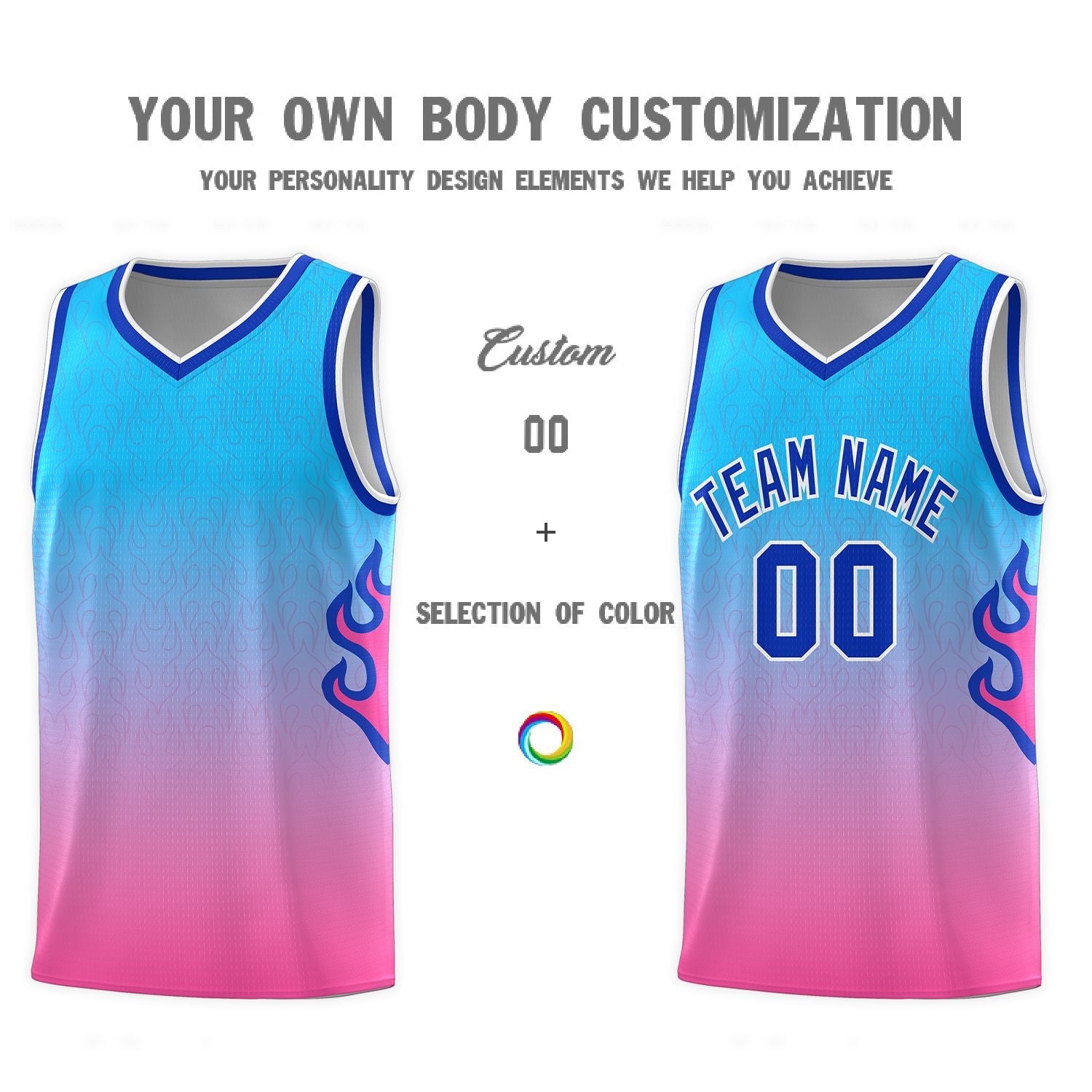 Custom Powder Blue Pink-Royal Flame Gradient Fashion Sports Uniform Basketball Jersey