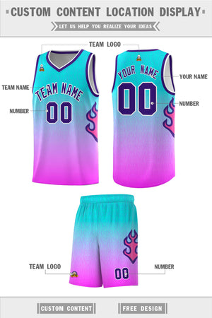 Custom Aqua Pink-Purple Flame Gradient Fashion Sports Uniform Basketball Jersey