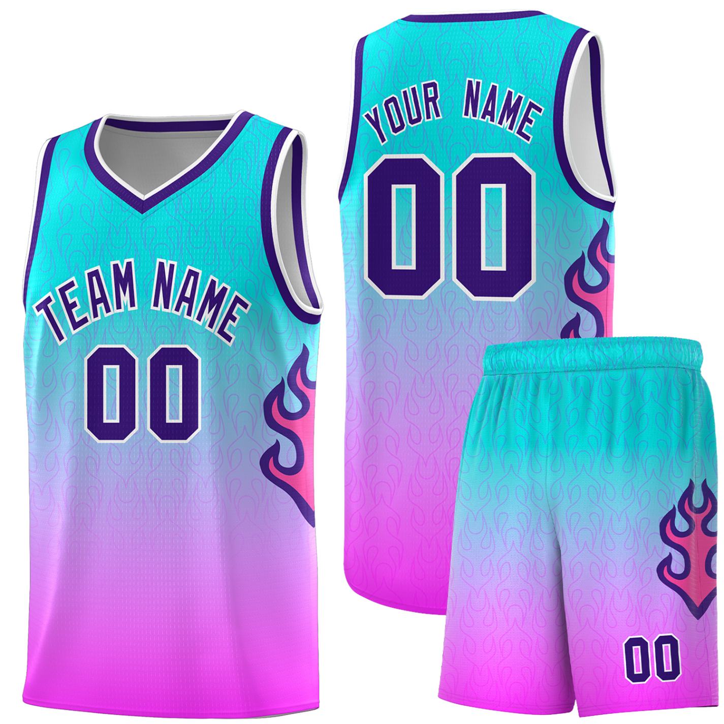 Custom Aqua Pink-Purple Flame Gradient Fashion Sports Uniform Basketball Jersey