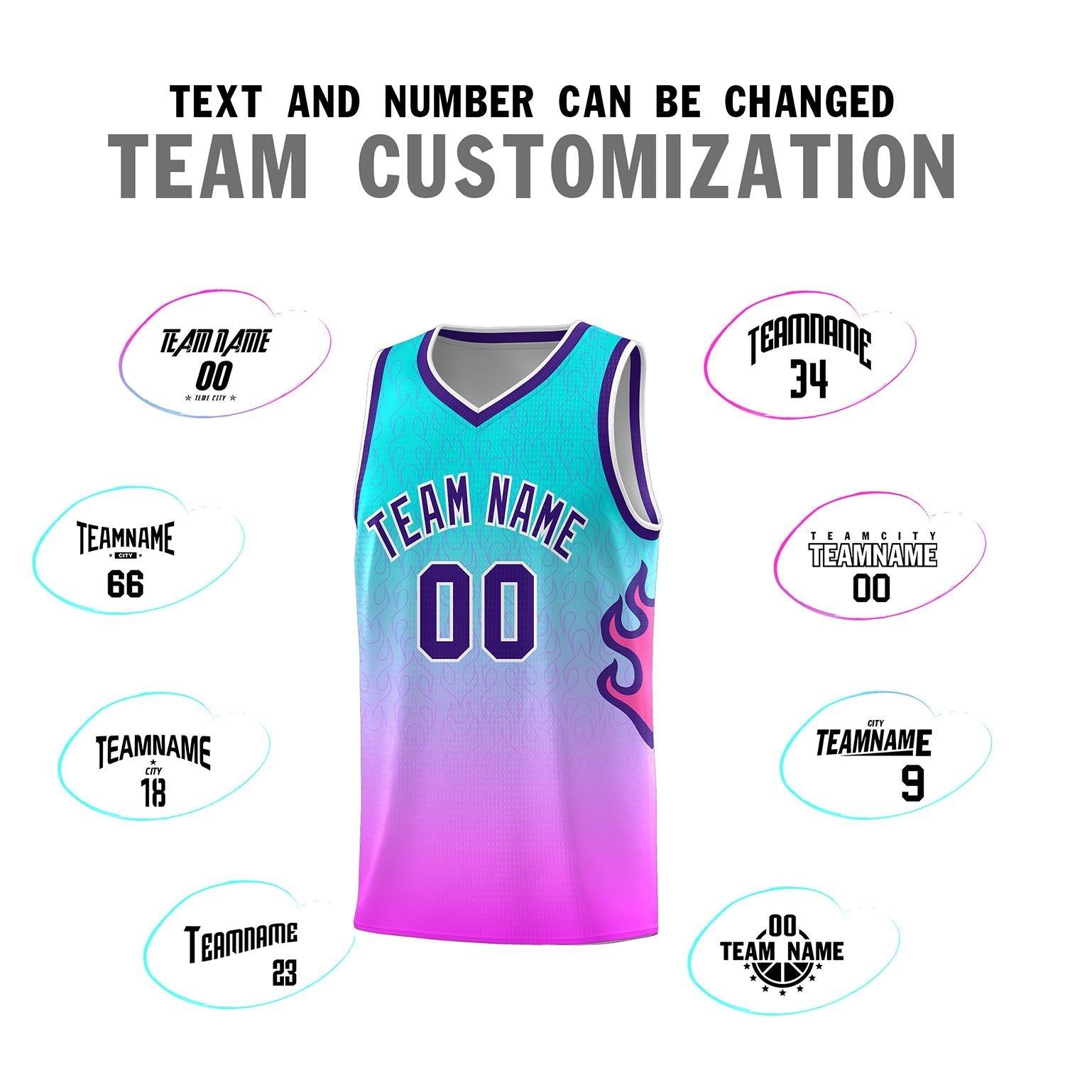 Custom Aqua Pink-Purple Flame Gradient Fashion Sports Uniform Basketball Jersey