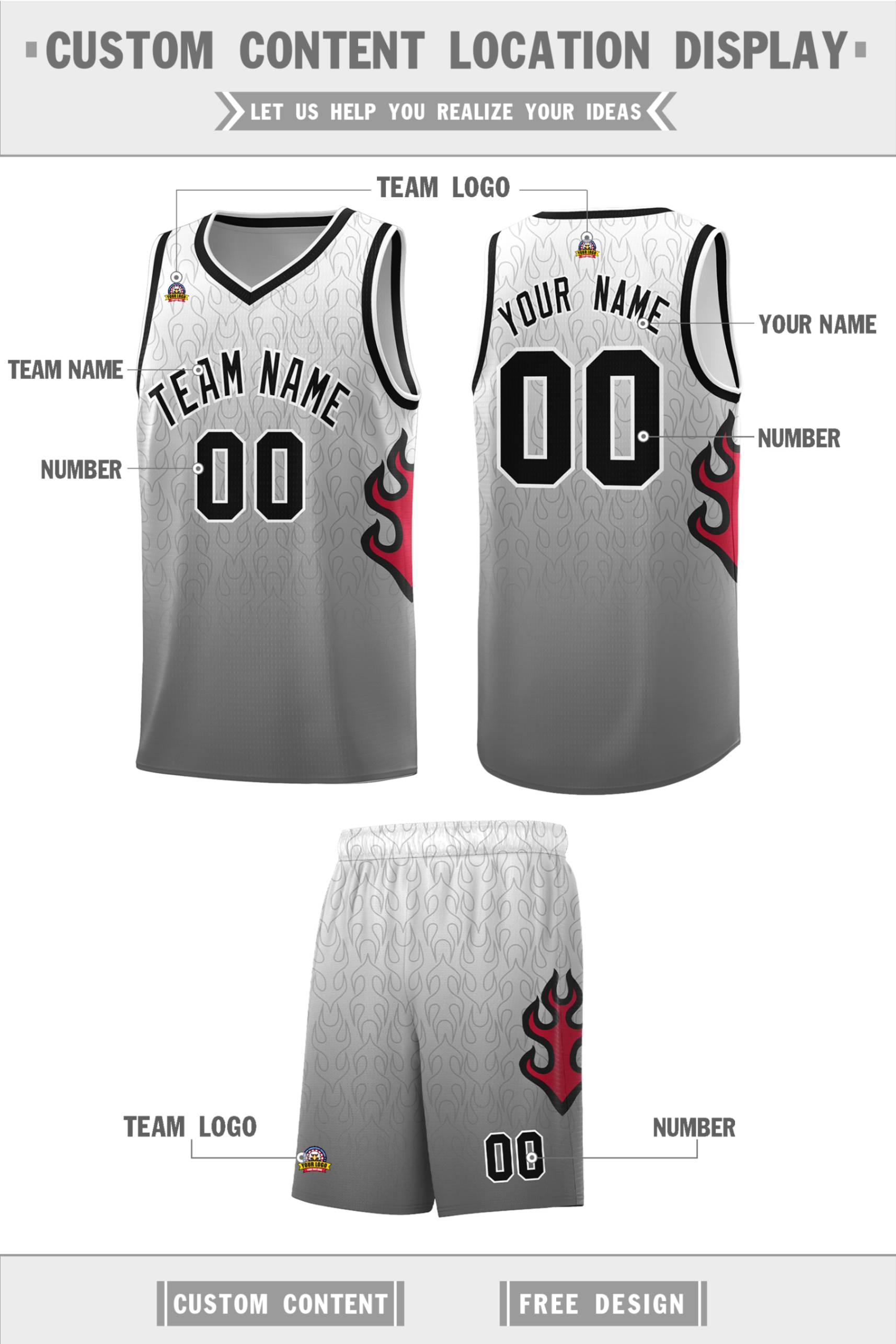 Custom White Dark Gray-Black Flame Gradient Fashion Sports Uniform Basketball Jersey