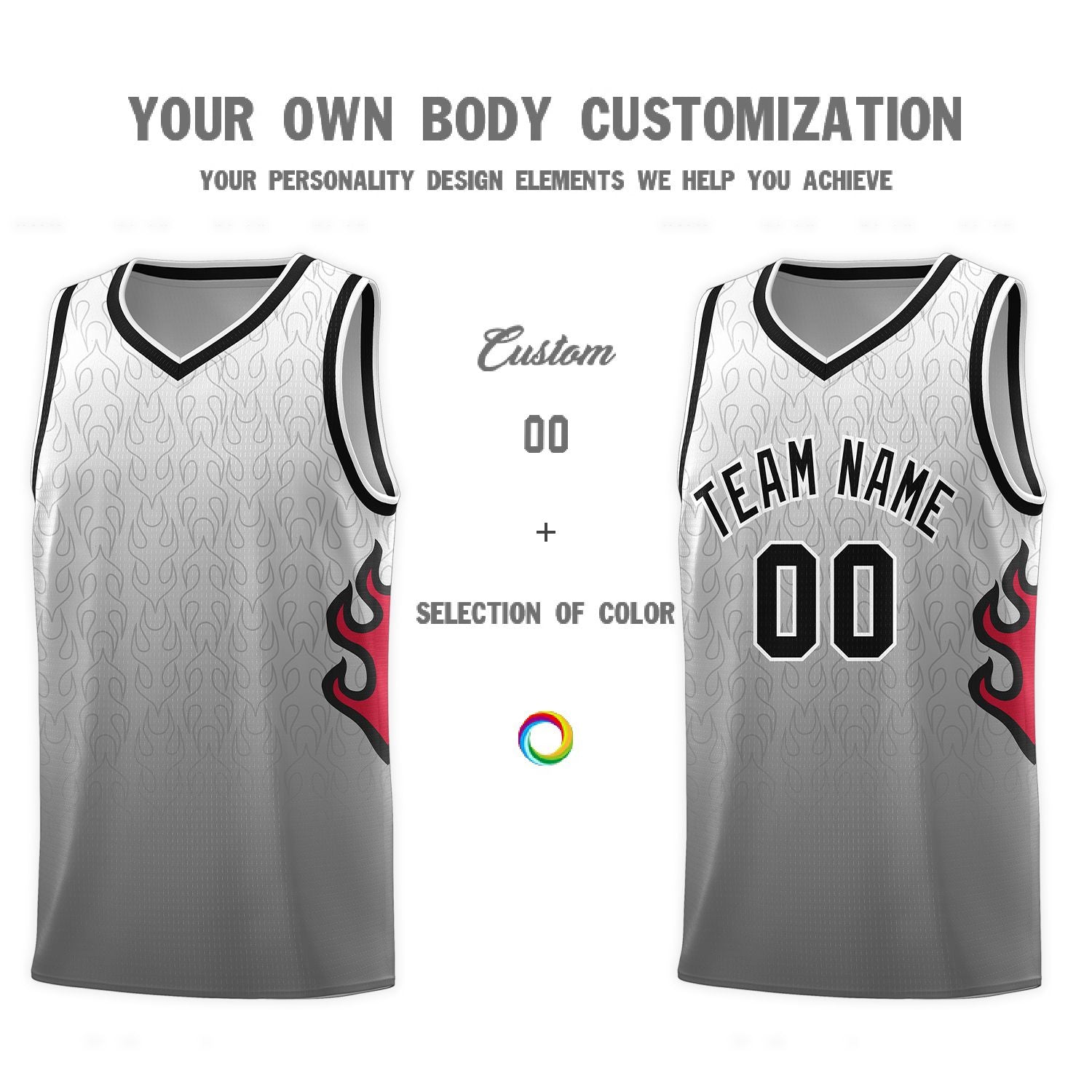 Custom White Dark Gray-Black Flame Gradient Fashion Sports Uniform Basketball Jersey