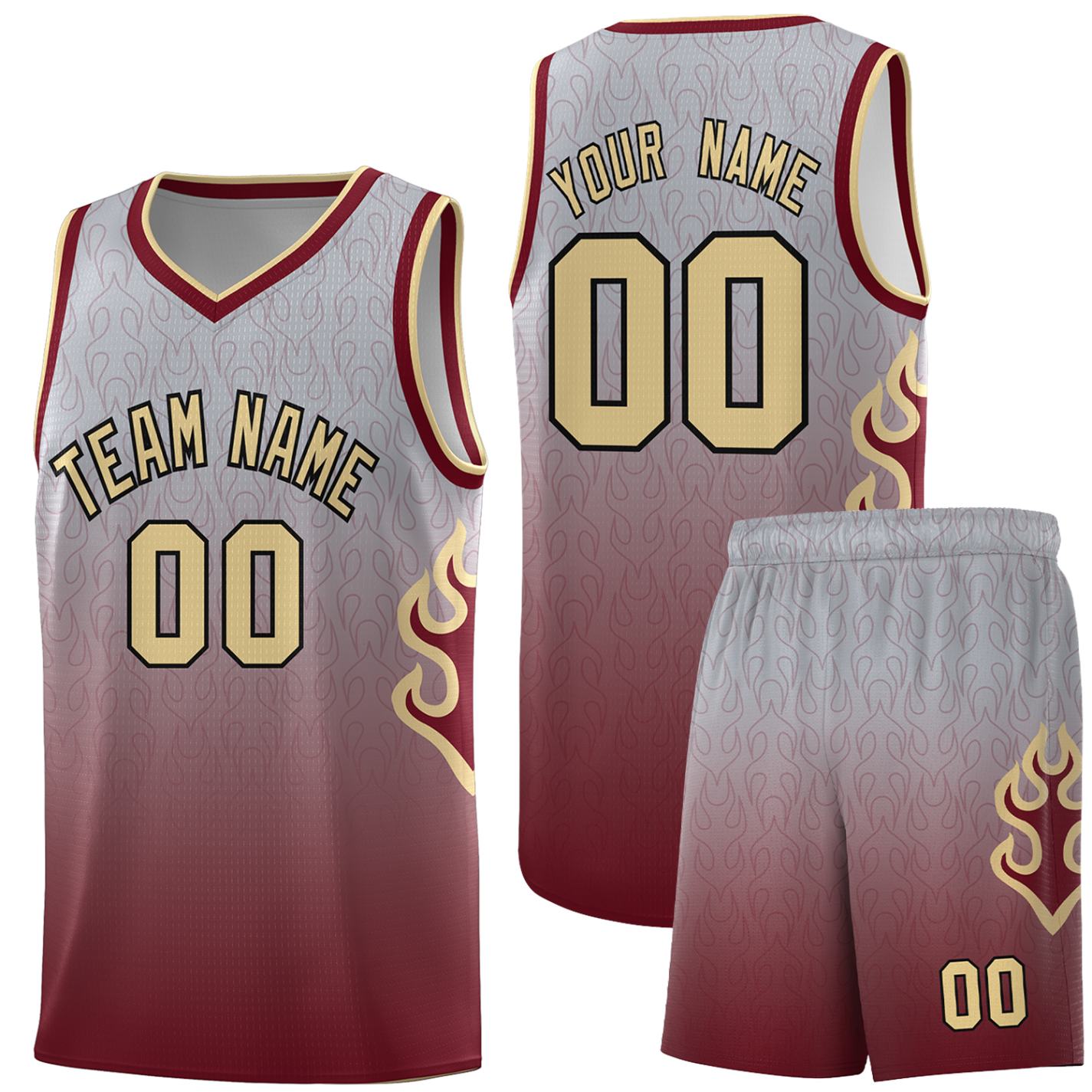 Custom Gray Crimson-Khaki Flame Gradient Fashion Sports Uniform Basketball Jersey