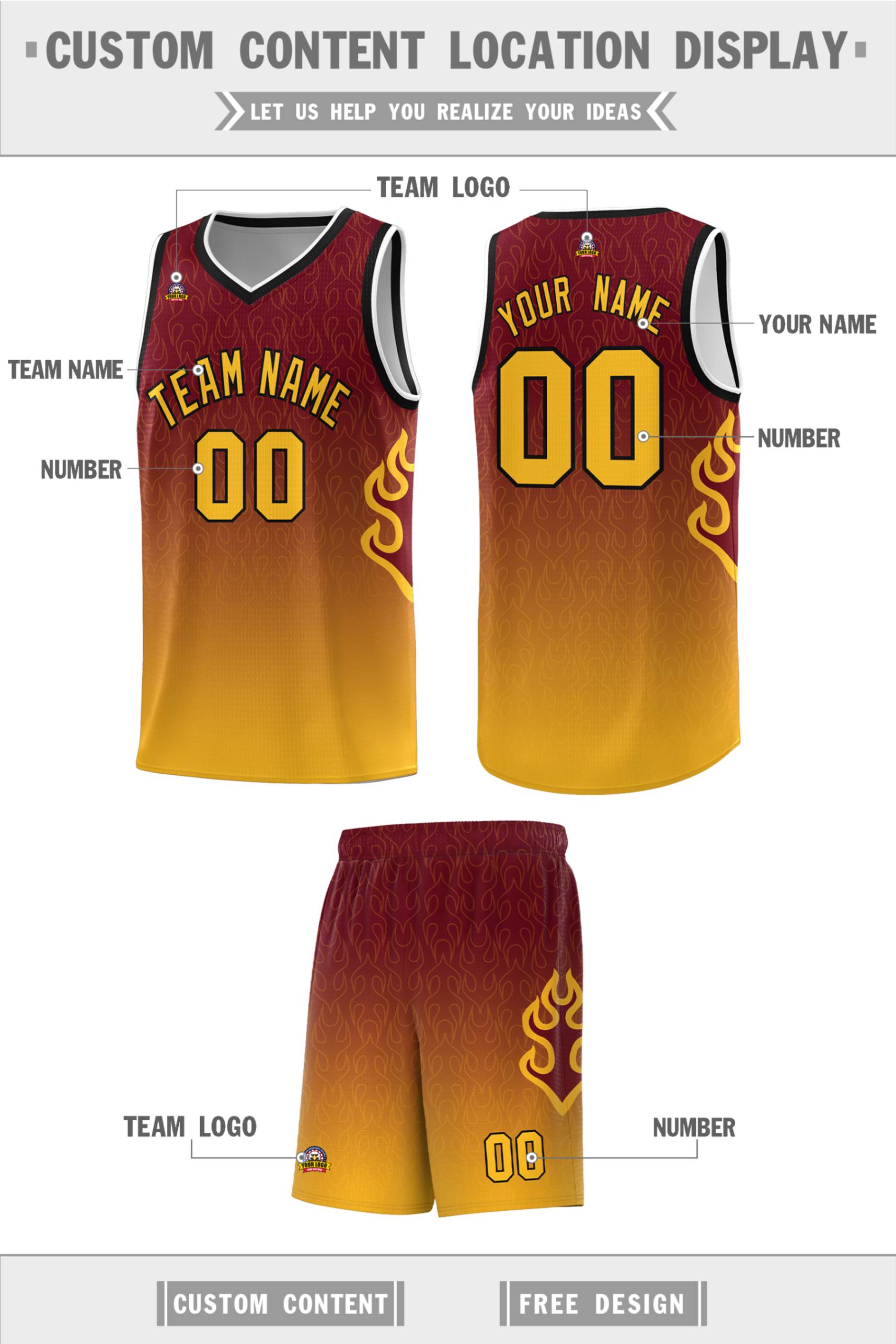 Custom Crimson Yellow-Black Flame Gradient Fashion Sports Uniform Basketball Jersey