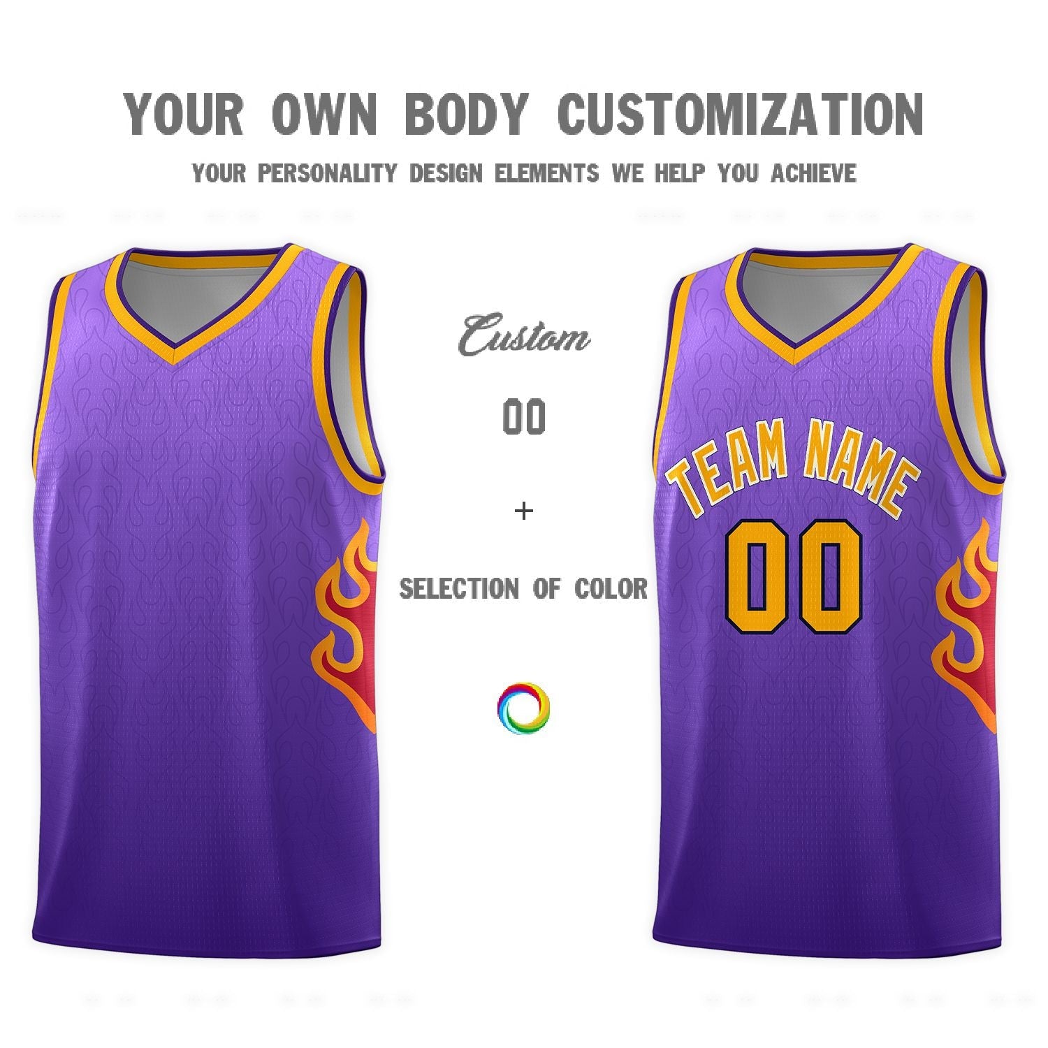 Custom Purple Yellow Flame Gradient Fashion Sports Uniform Basketball Jersey