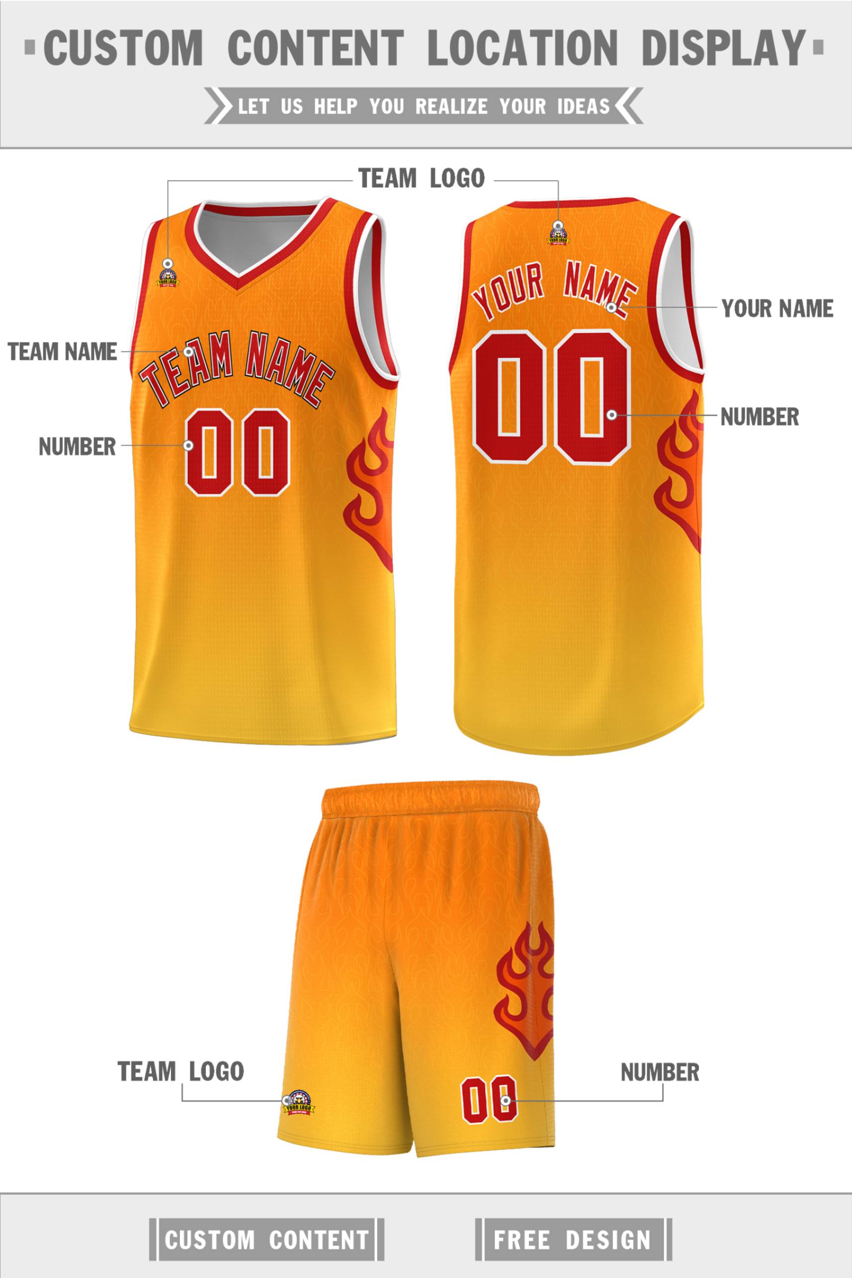 Custom Orange Gold-Red Flame Gradient Fashion Sports Uniform Basketball Jersey