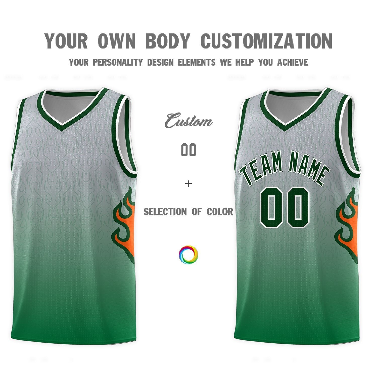 Custom Gray Kelly Green-Green Flame Gradient Fashion Sports Uniform Basketball Jersey