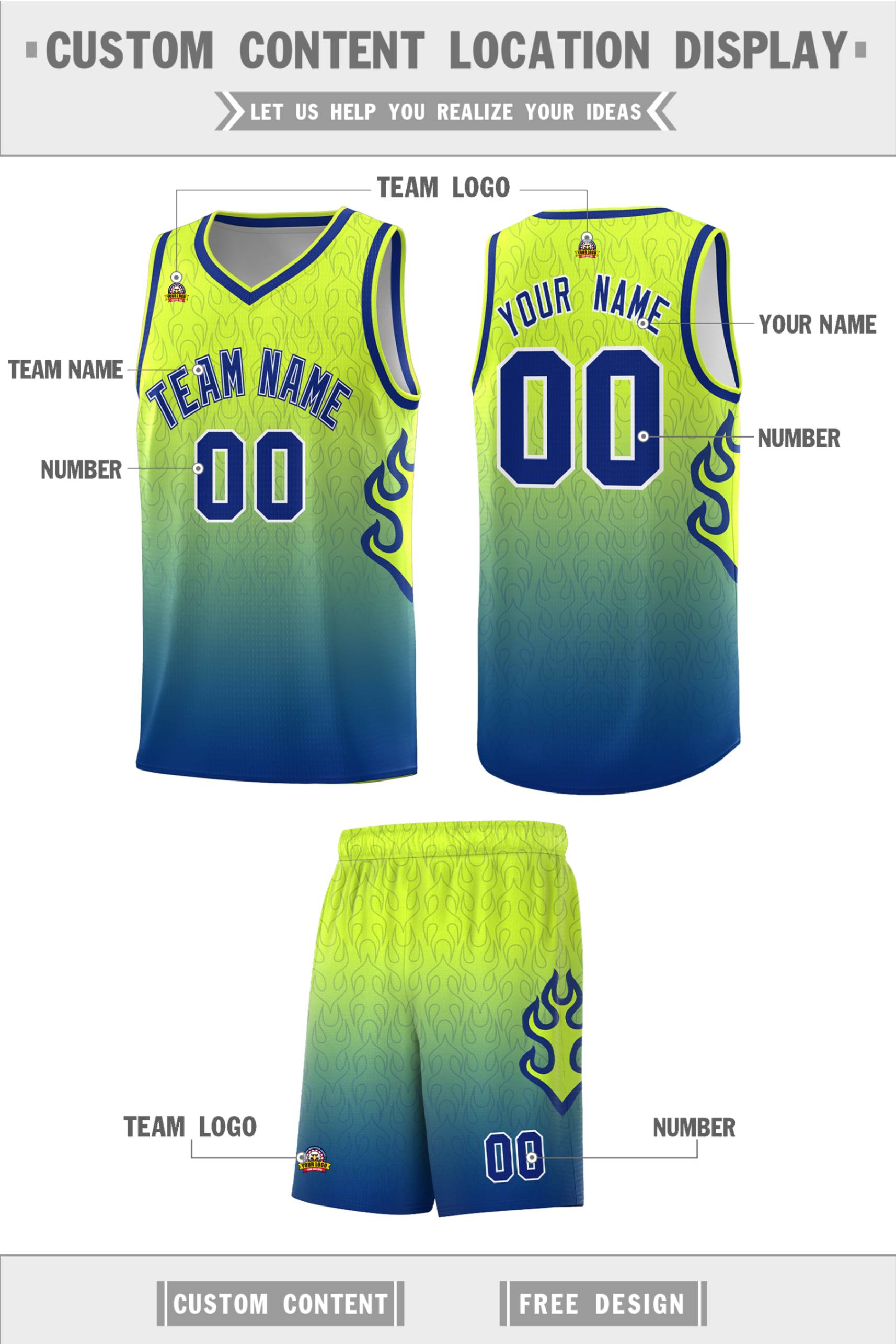 Custom Green Royal Flame Gradient Fashion Sports Uniform Basketball Jersey