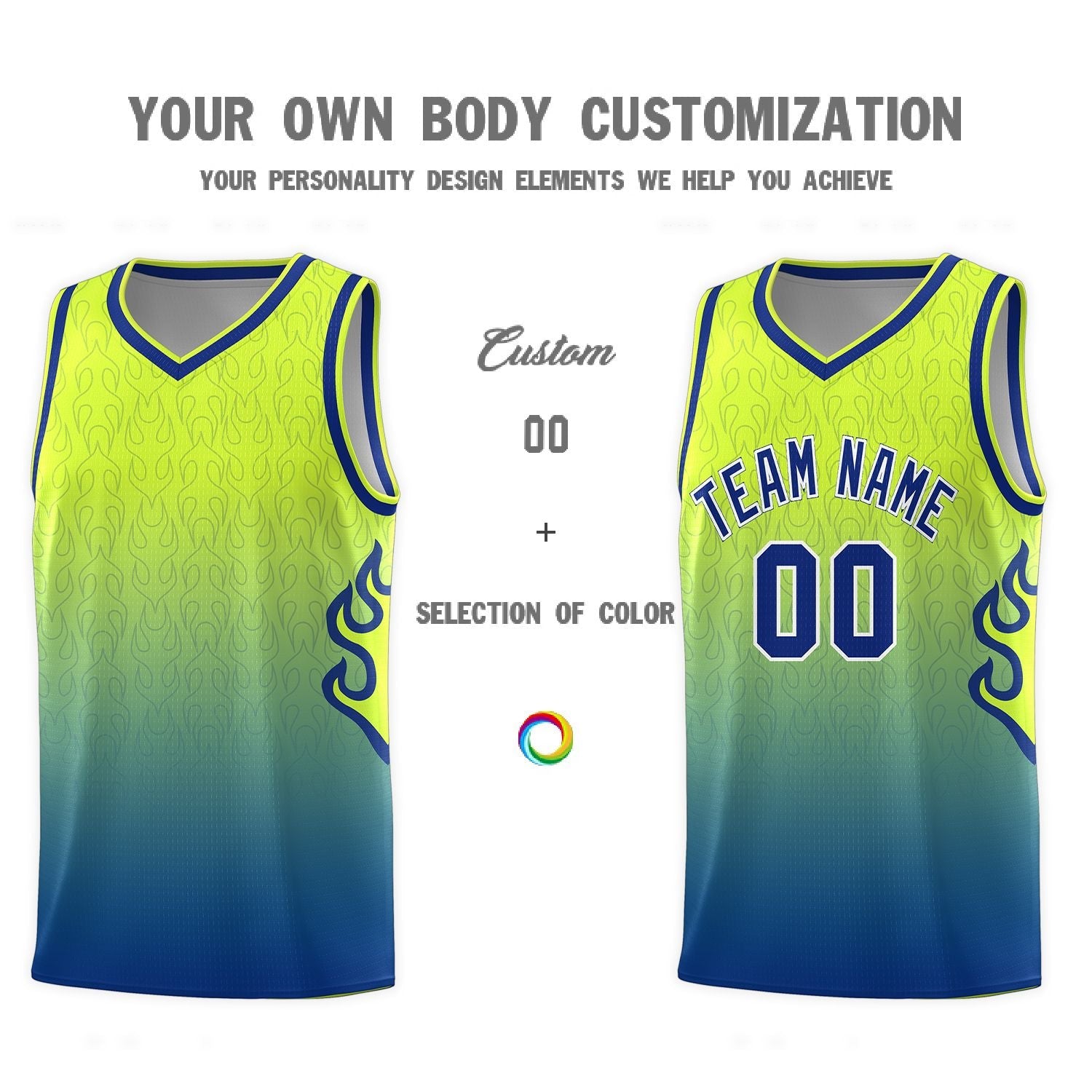 Custom Green Royal Flame Gradient Fashion Sports Uniform Basketball Jersey