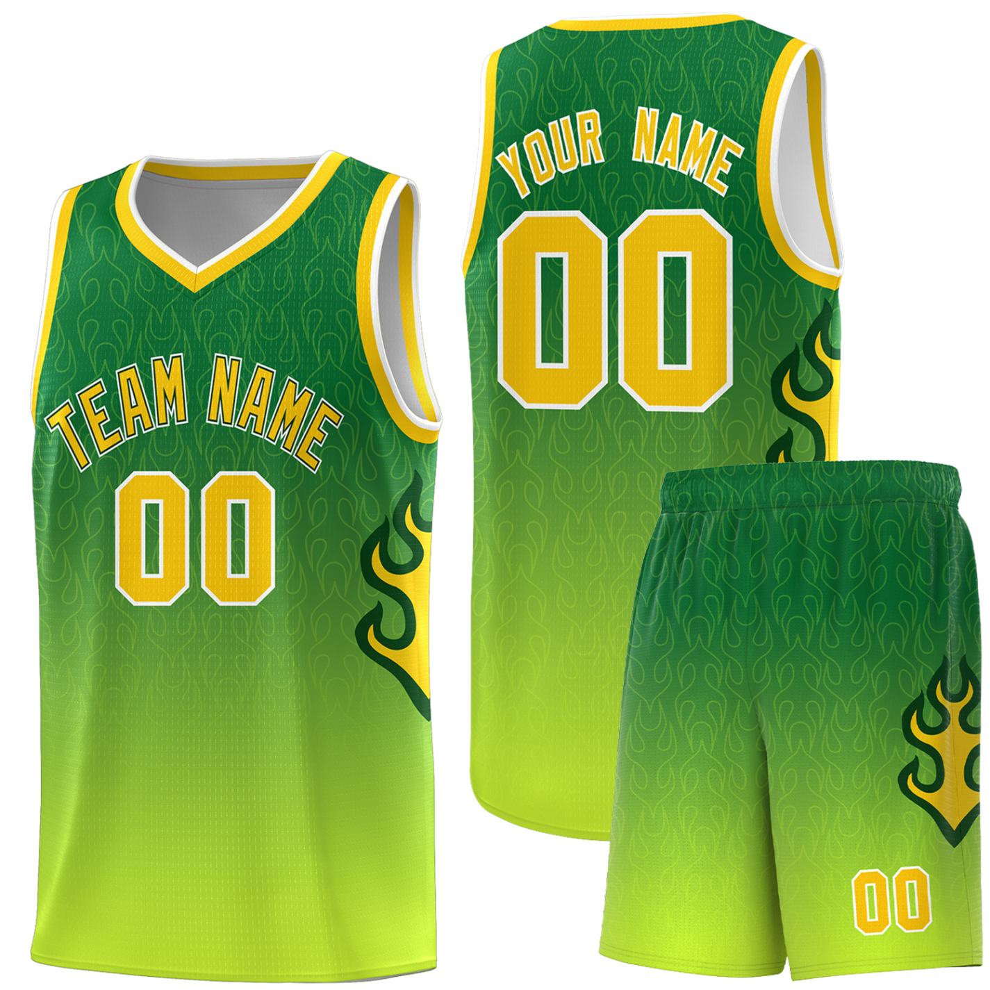 Custom Kelly Green-Neon Green-Gold Flame Gradient Fashion Sports Uniform Basketball Jersey