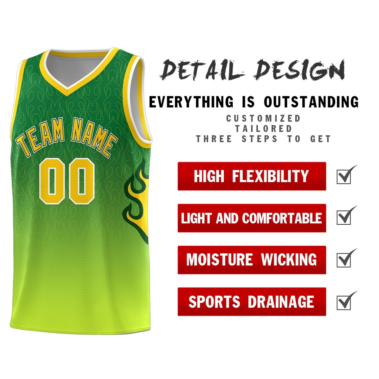 Custom Kelly Green-Neon Green-Gold Flame Gradient Fashion Sports Uniform Basketball Jersey