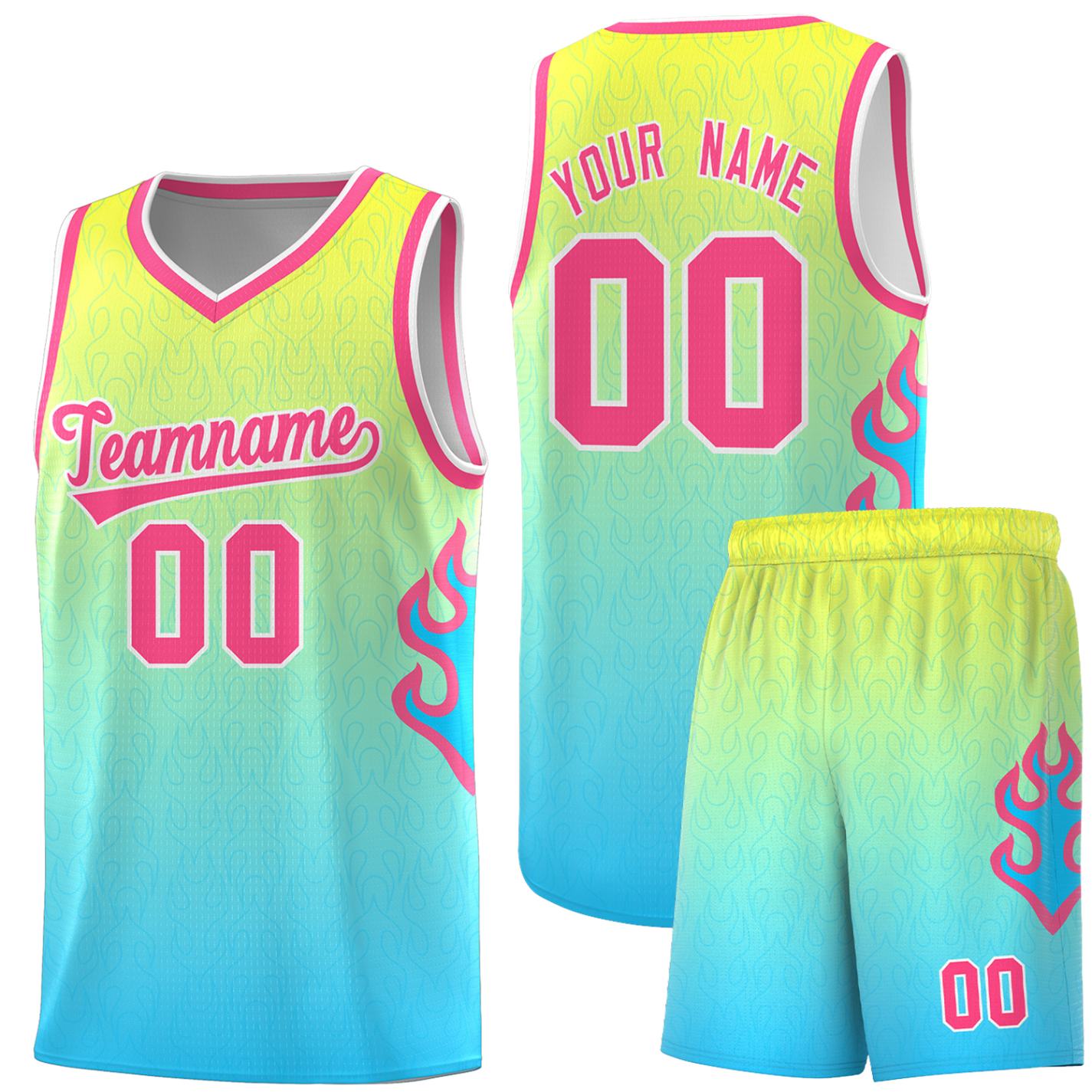 Custom Gold Light Blue-Pink Flame Gradient Fashion Sports Uniform Basketball Jersey