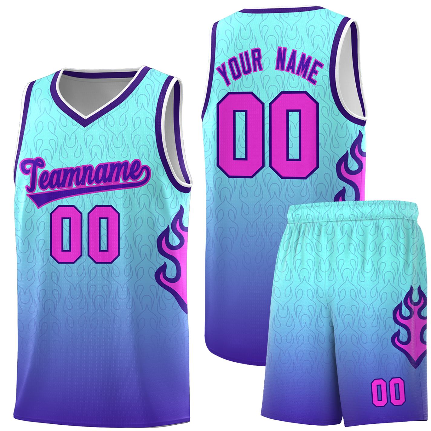 Custom Light Blue Purple-White Flame Gradient Fashion Sports Uniform Basketball Jersey