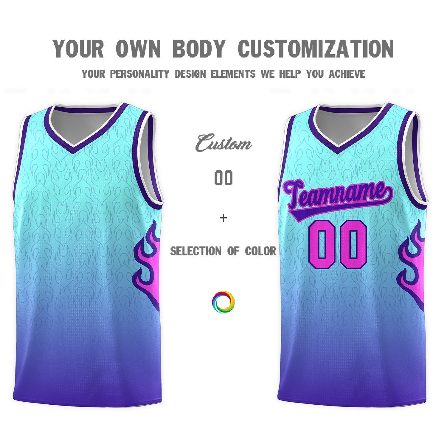 Custom Light Blue Purple-White Flame Gradient Fashion Sports Uniform Basketball Jersey