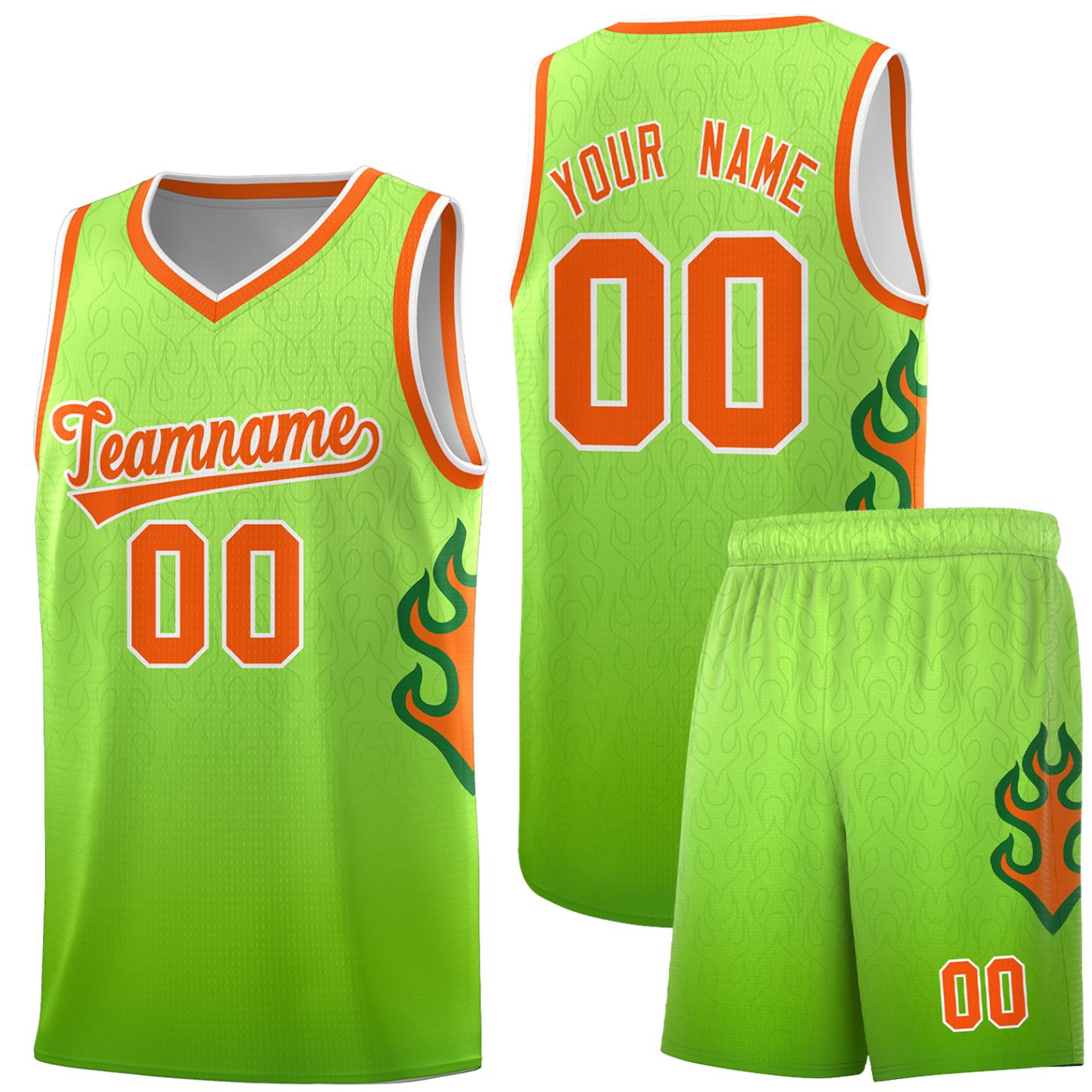 Custom Green Neon Green-Orange Flame Gradient Fashion Sports Uniform Basketball Jersey