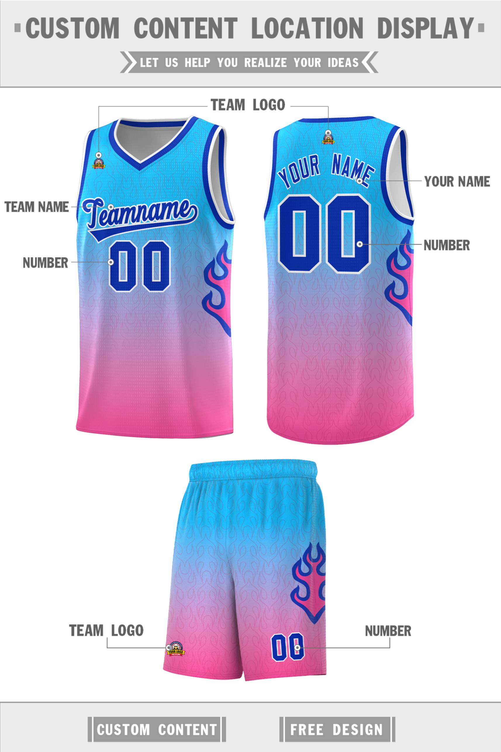 Custom Powder Blue Pink-Royal Flame Gradient Fashion Sports Uniform Basketball Jersey