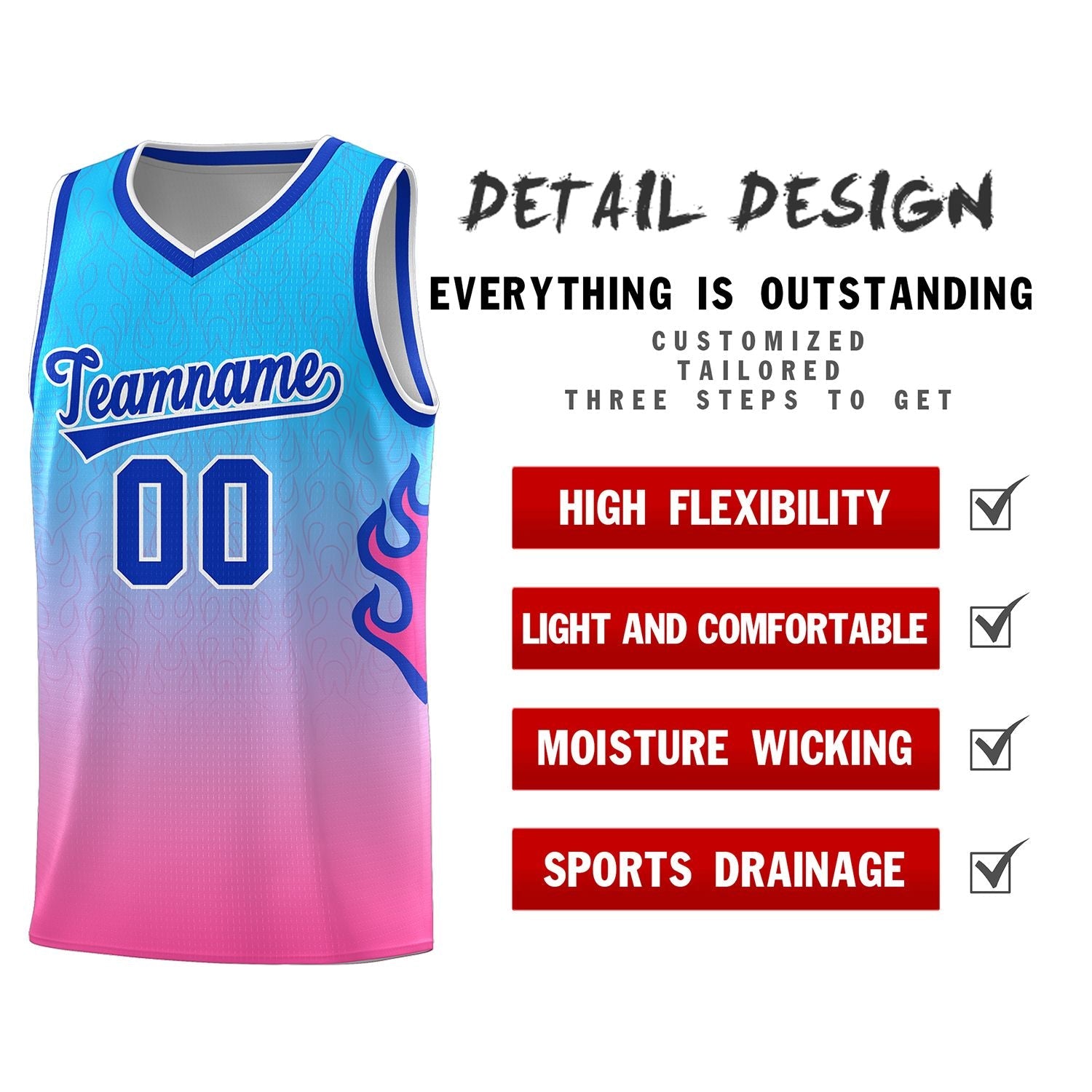 Custom Powder Blue Pink-Royal Flame Gradient Fashion Sports Uniform Basketball Jersey