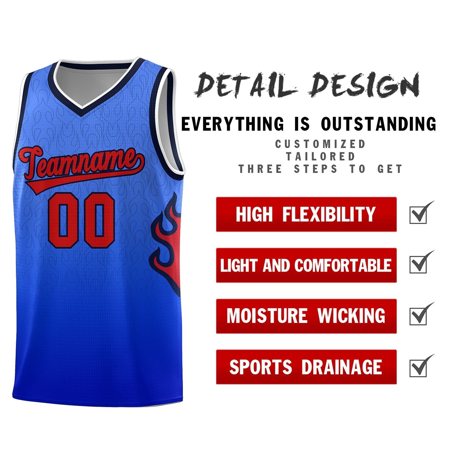 Custom Royal Navy-White Flame Gradient Fashion Sports Uniform Basketball Jersey