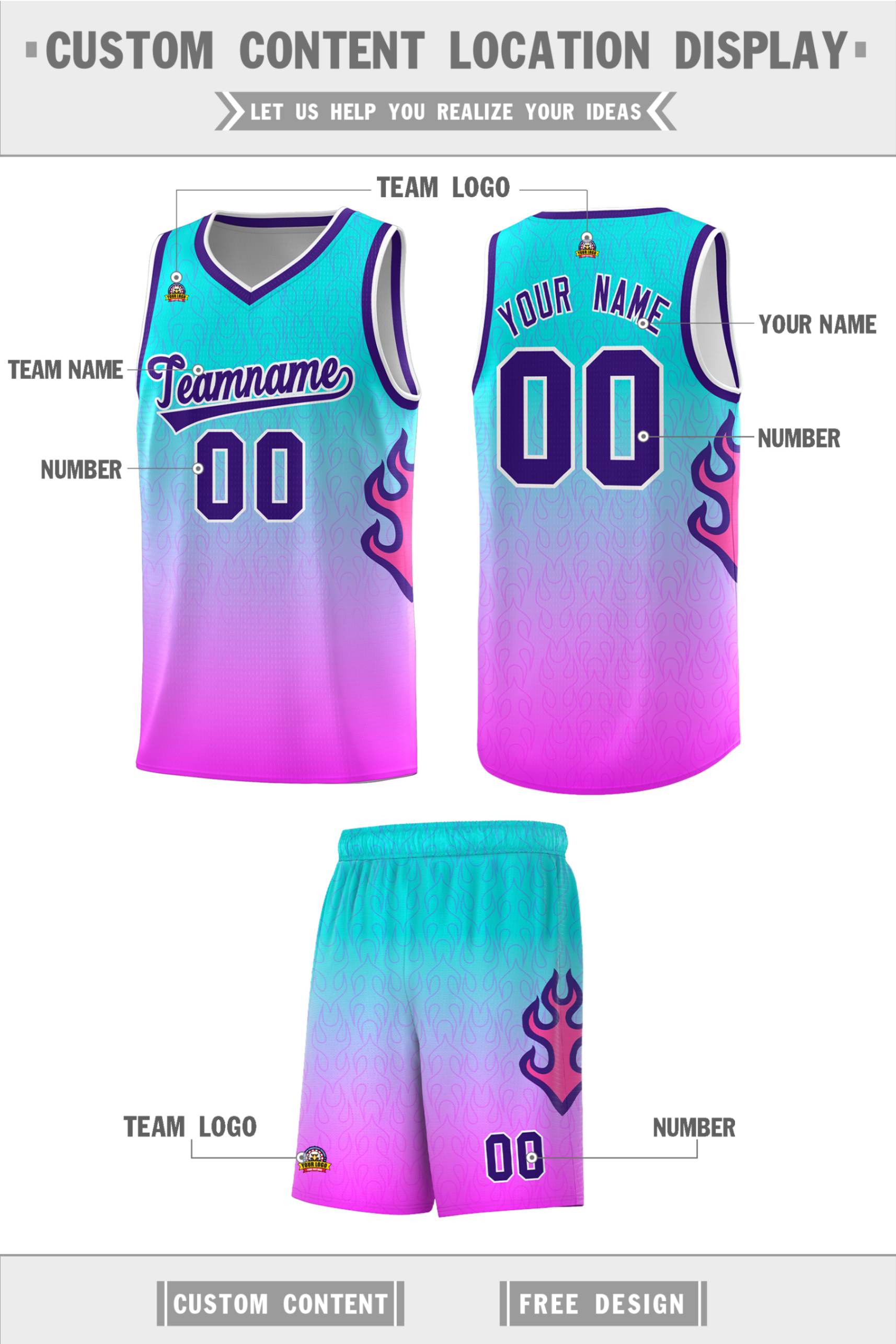 Custom Aqua Pink-Purple Flame Gradient Fashion Sports Uniform Basketball Jersey