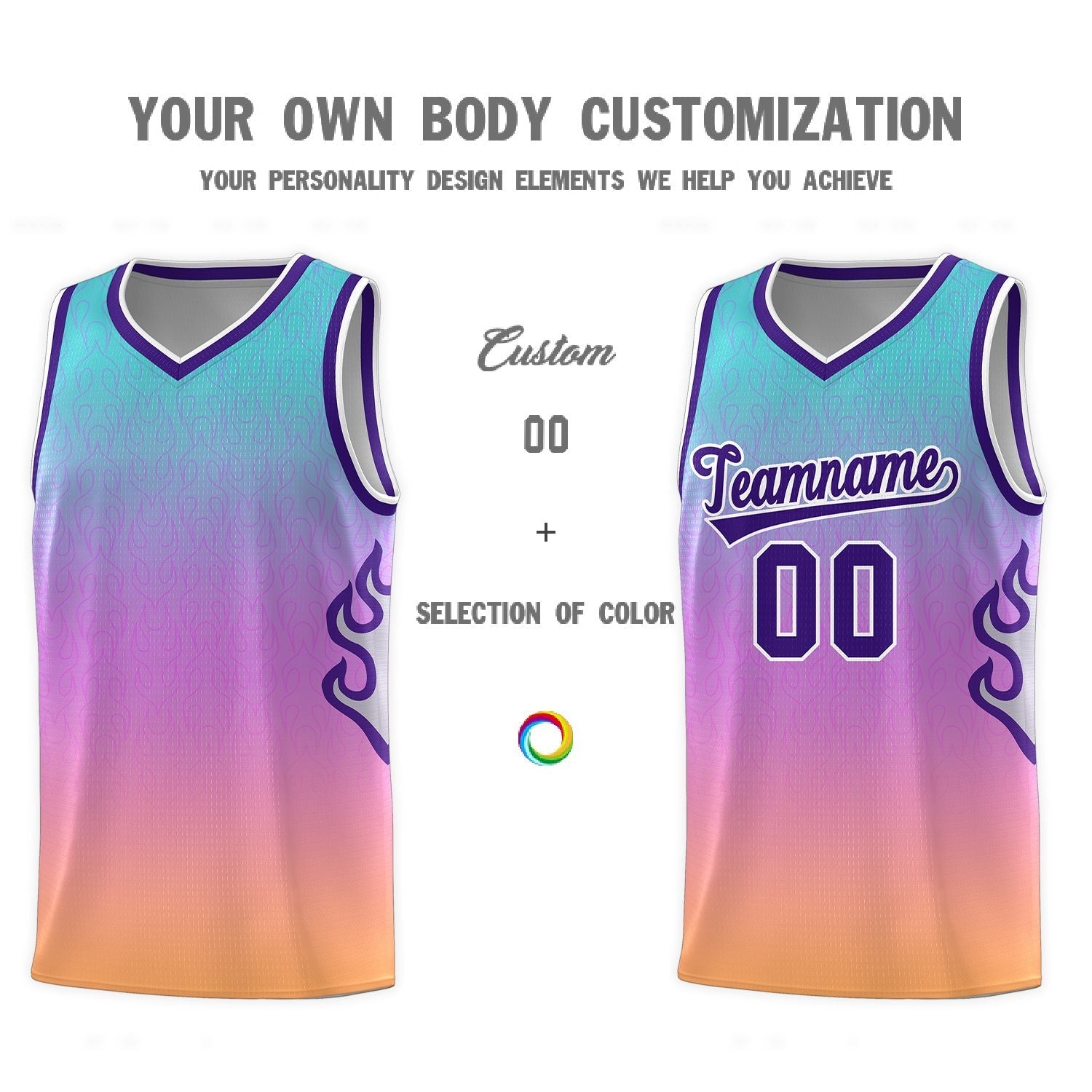 Custom Light Blue Pink-Purple Flame Gradient Fashion Sports Uniform Basketball Jersey