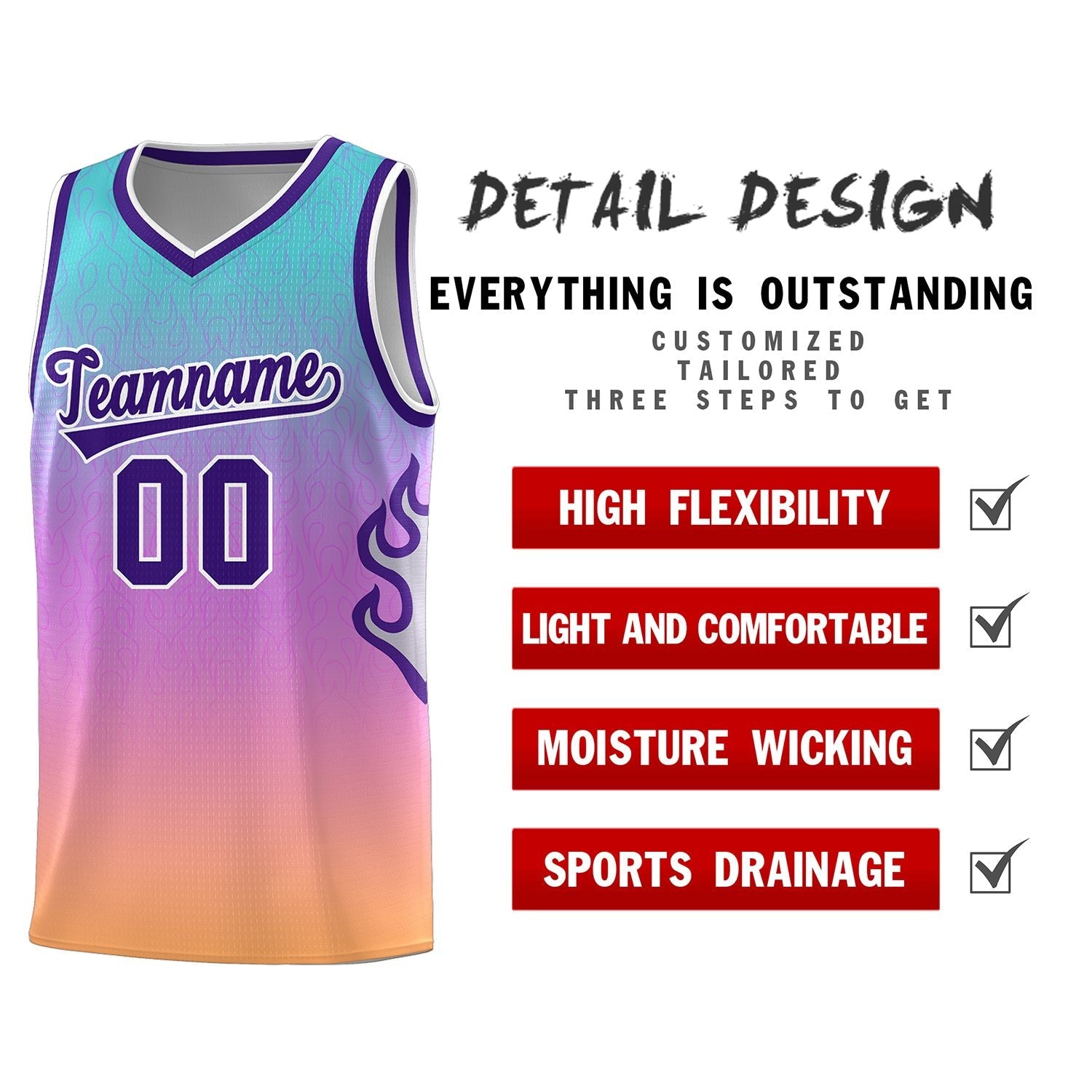 Custom Light Blue Pink-Purple Flame Gradient Fashion Sports Uniform Basketball Jersey