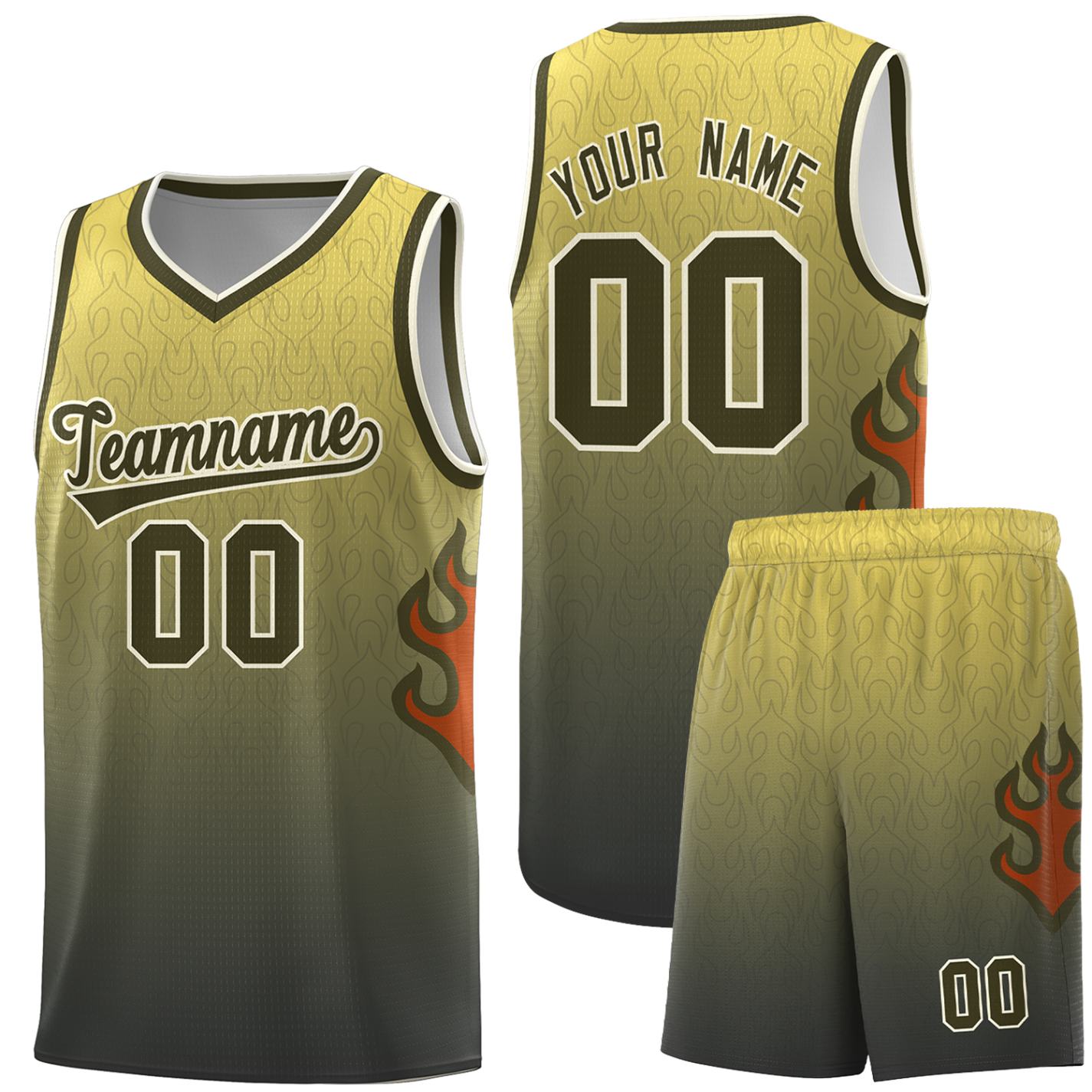 Custom Yellow Olive-Cream Flame Gradient Fashion Sports Uniform Basketball Jersey