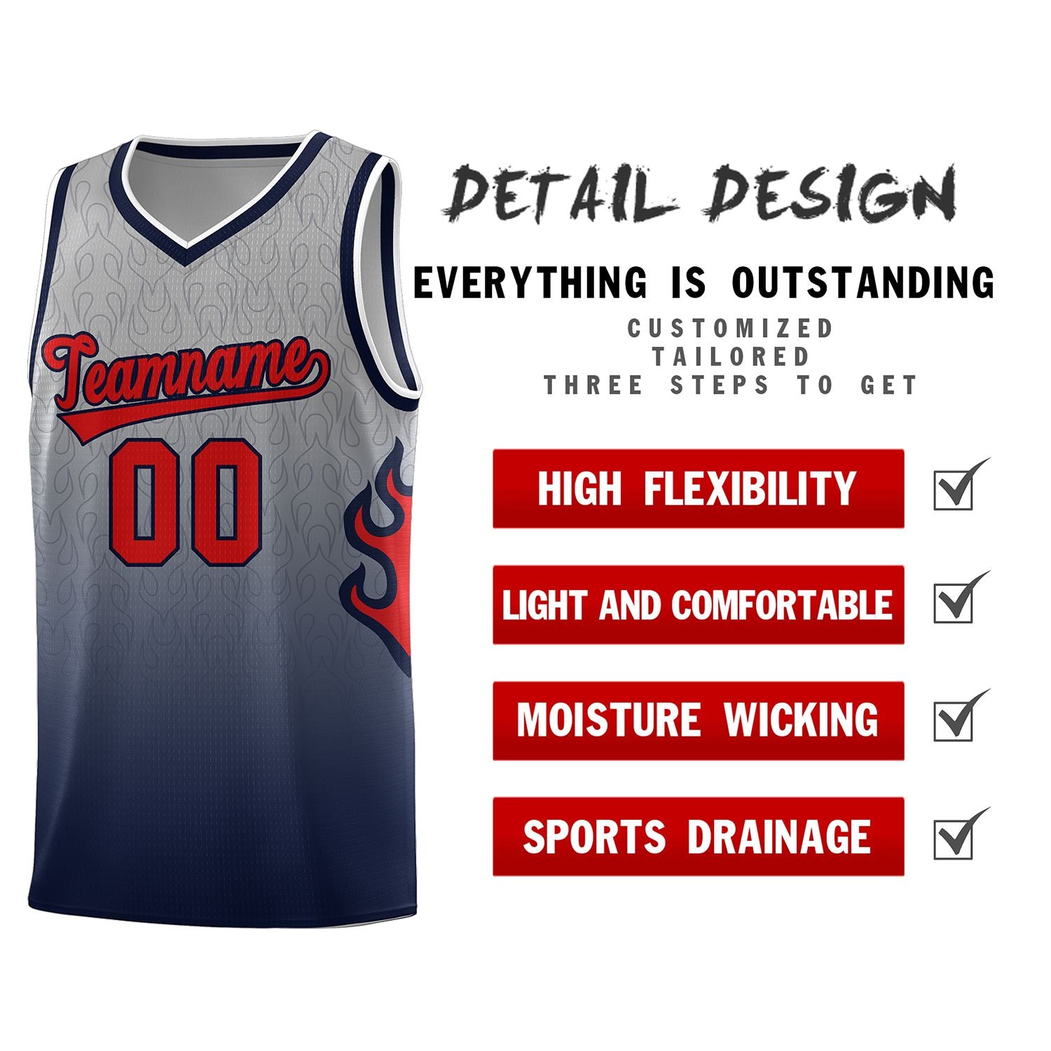 Custom Gray Navy-Red Flame Gradient Fashion Sports Uniform Basketball Jersey