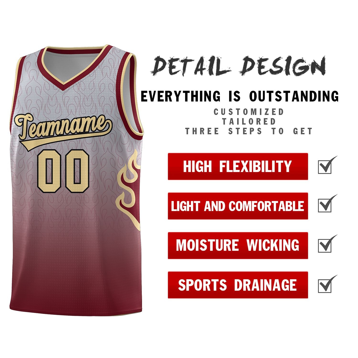 Custom Gray Crimson-Khaki Flame Gradient Fashion Sports Uniform Basketball Jersey