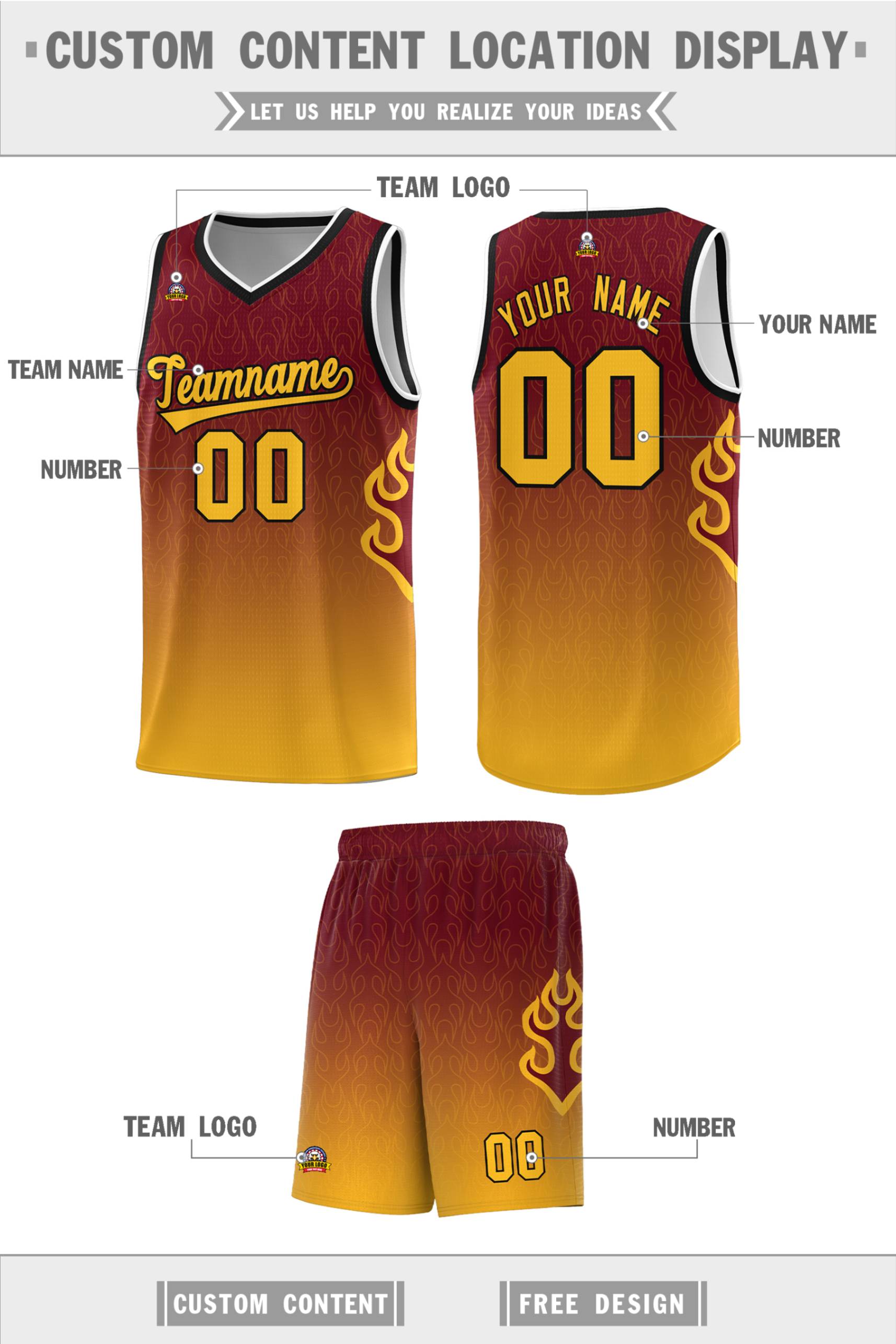 Custom Crimson Yellow-Black Flame Gradient Fashion Sports Uniform Basketball Jersey