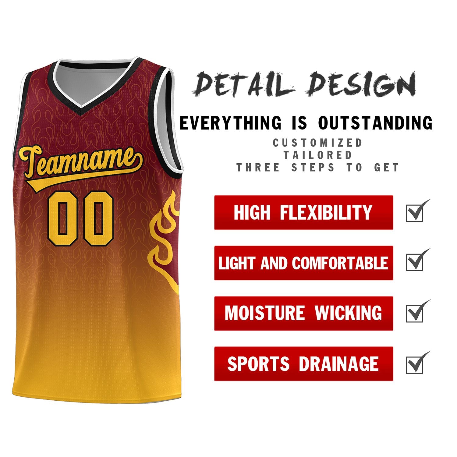 Custom Crimson Yellow-Black Flame Gradient Fashion Sports Uniform Basketball Jersey