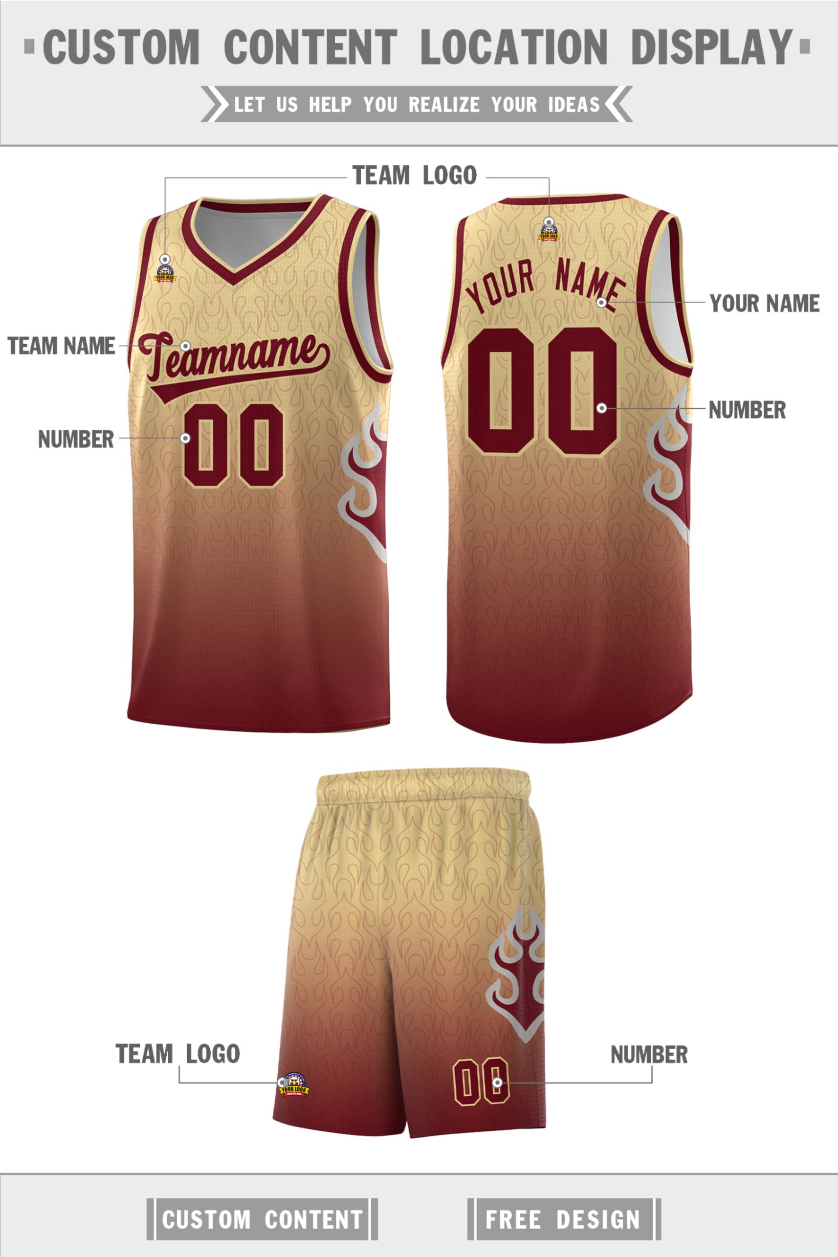 Custom Khaki Crimson-Khaki Flame Gradient Fashion Sports Uniform Basketball Jersey