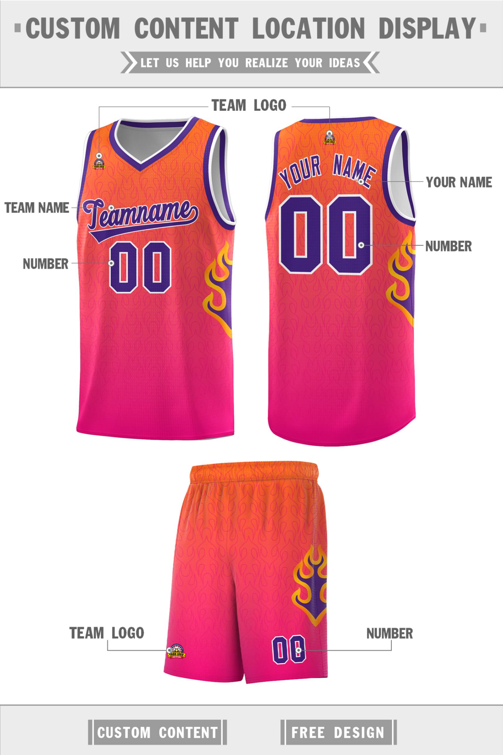 Custom Orange Pink-Purple Flame Gradient Fashion Sports Uniform Basketball Jersey